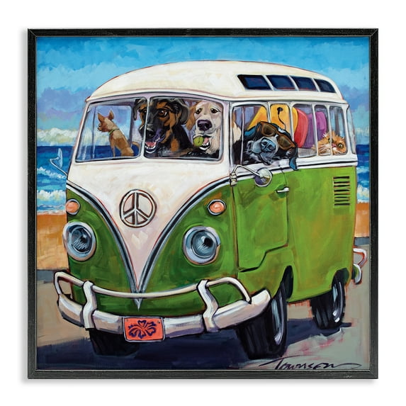 Stupell Industries Dogs Driving Retro Van Animals & Insects Painting Black Framed Art Print Wall Art, 17 x 17