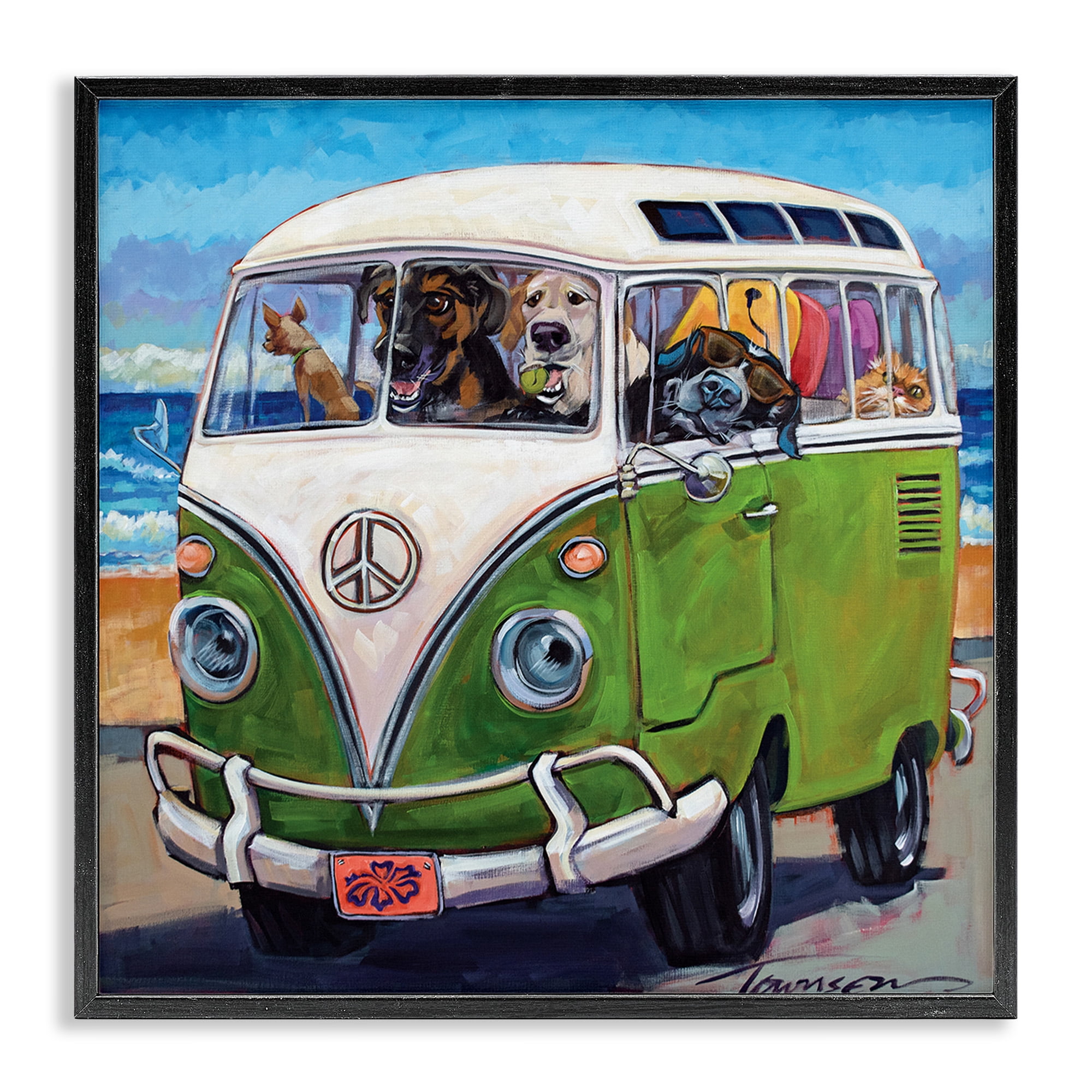 Stupell Industries Dogs Driving Retro Van Animals & Insects Painting Black Framed Art Print Wall Art, 24 x 24