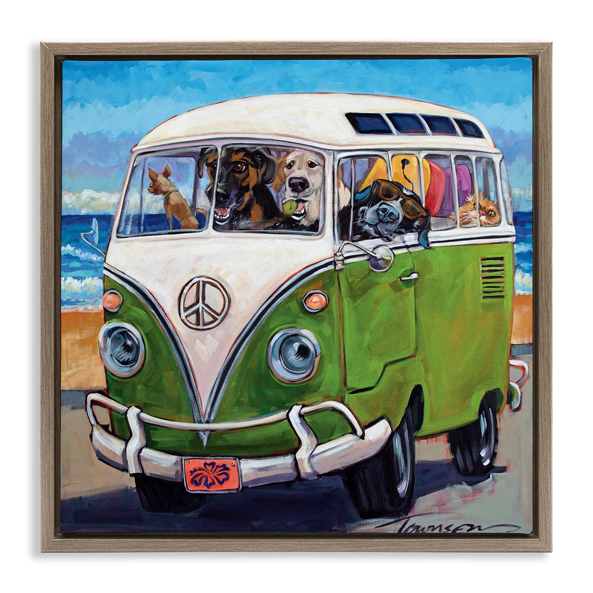 Stupell Industries Dogs Driving Retro Van Animals & Insects Painting Brown Floater Framed Canvas Art Print Wall Art, 18 x 18