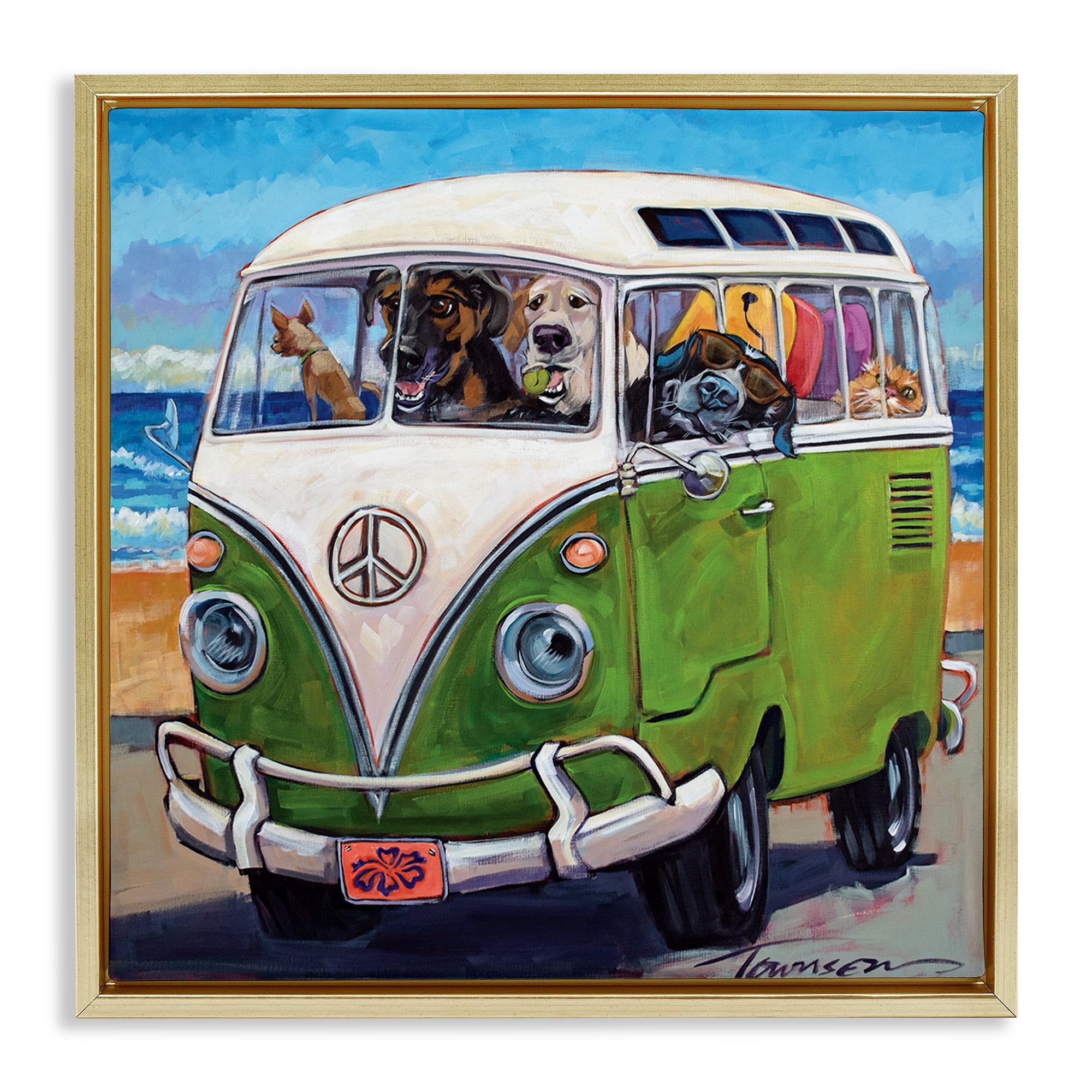 Stupell Industries Dogs Driving Retro Van Animals & Insects Painting Gold Floater Framed Canvas Art Print Wall Art, 25 x 25