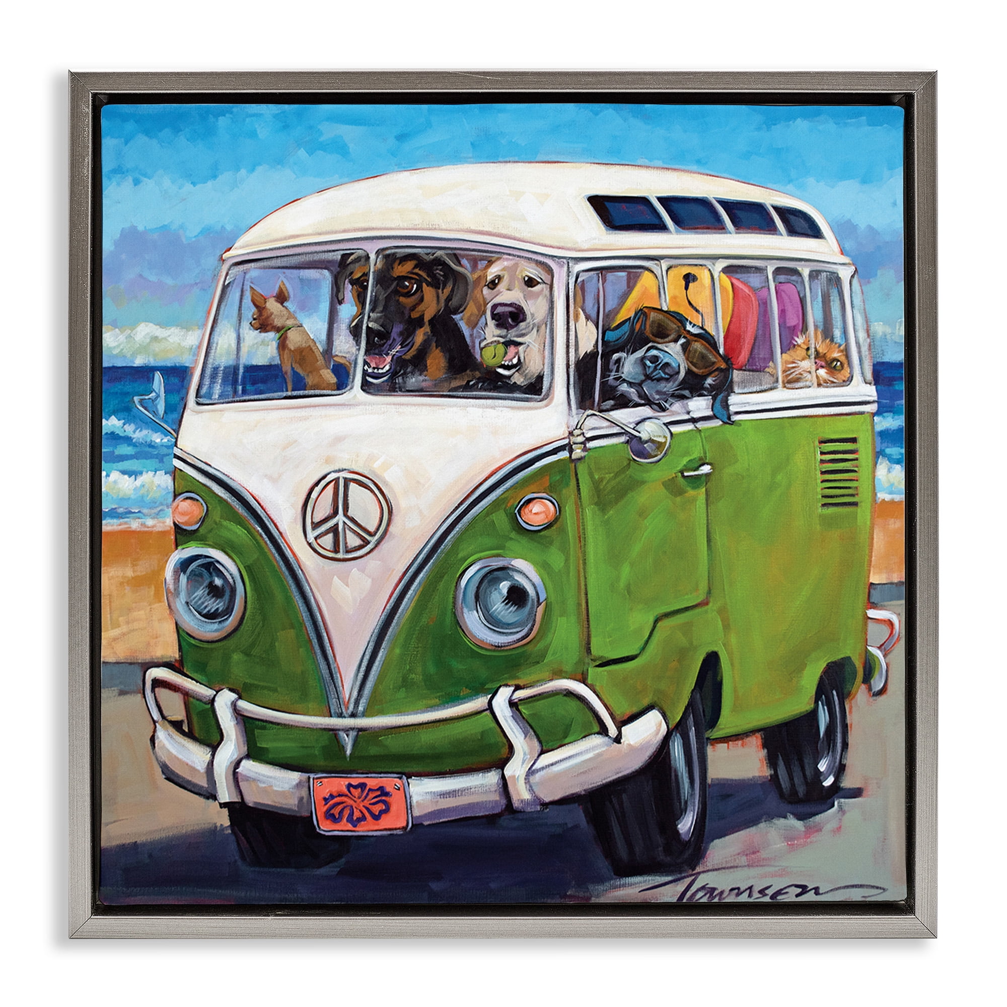 Stupell Industries Dogs Driving Retro Van Animals & Insects Painting Gray Floater Framed Canvas Art Print Wall Art, 25 x 25