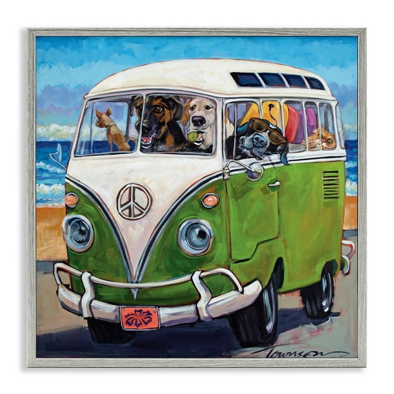 Stupell Industries Dogs Driving Retro Van Animals & Insects Painting Gray Framed Art Print Wall Art, 12 x 12