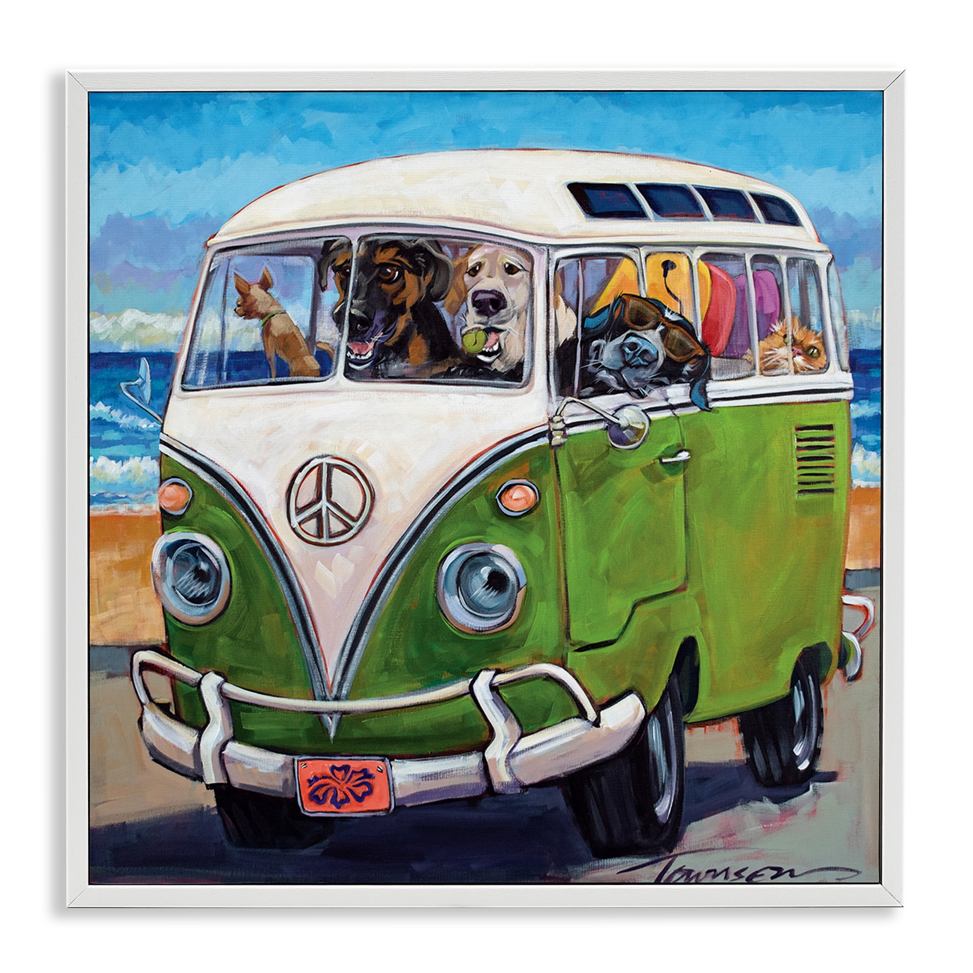 Stupell Industries Dogs Driving Retro Van Animals & Insects Painting White Framed Art Print Wall Art, 17 x 17