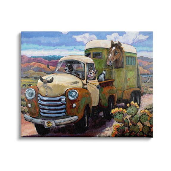 Stupell Industries Dogs Driving Vintage Rustic Truck with Horse Trolley, 48 x 36, Design by CR Townsend