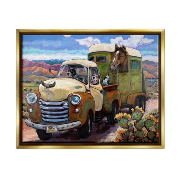 Stupell Industries Dogs Driving Vintage Rustic Truck with Horse Trolley Metallic Gold Framed Floating Canvas Wall Art, 24x30, by CR Townsend