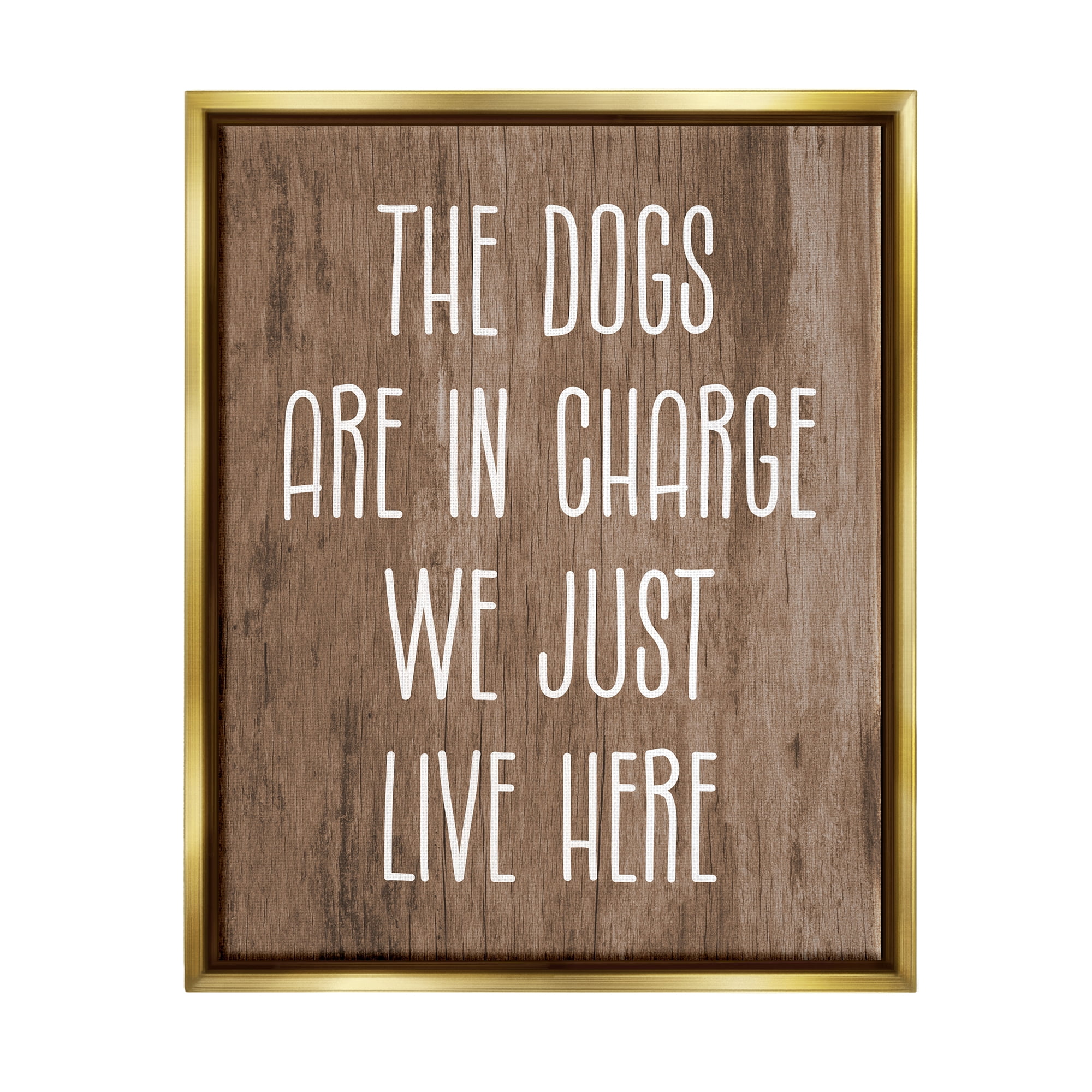 Stupell Industries Dogs In Charge Pet Phrase Inspirational Painting Gold Floater Framed Canvas Art Print Wall Art, 17 x 21