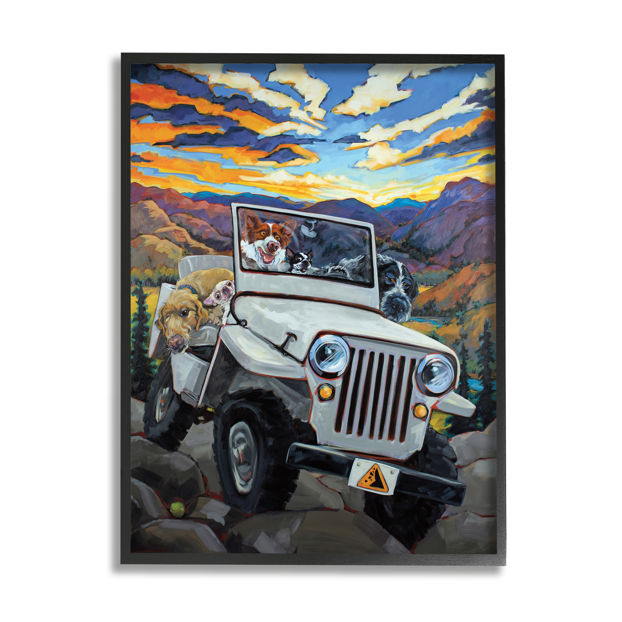 Stupell Industries Dogs Off-Roading Desert Drive Mountain Sunset Animals & Insects Painting Black Framed Art Print Wall Art, 16 x 20