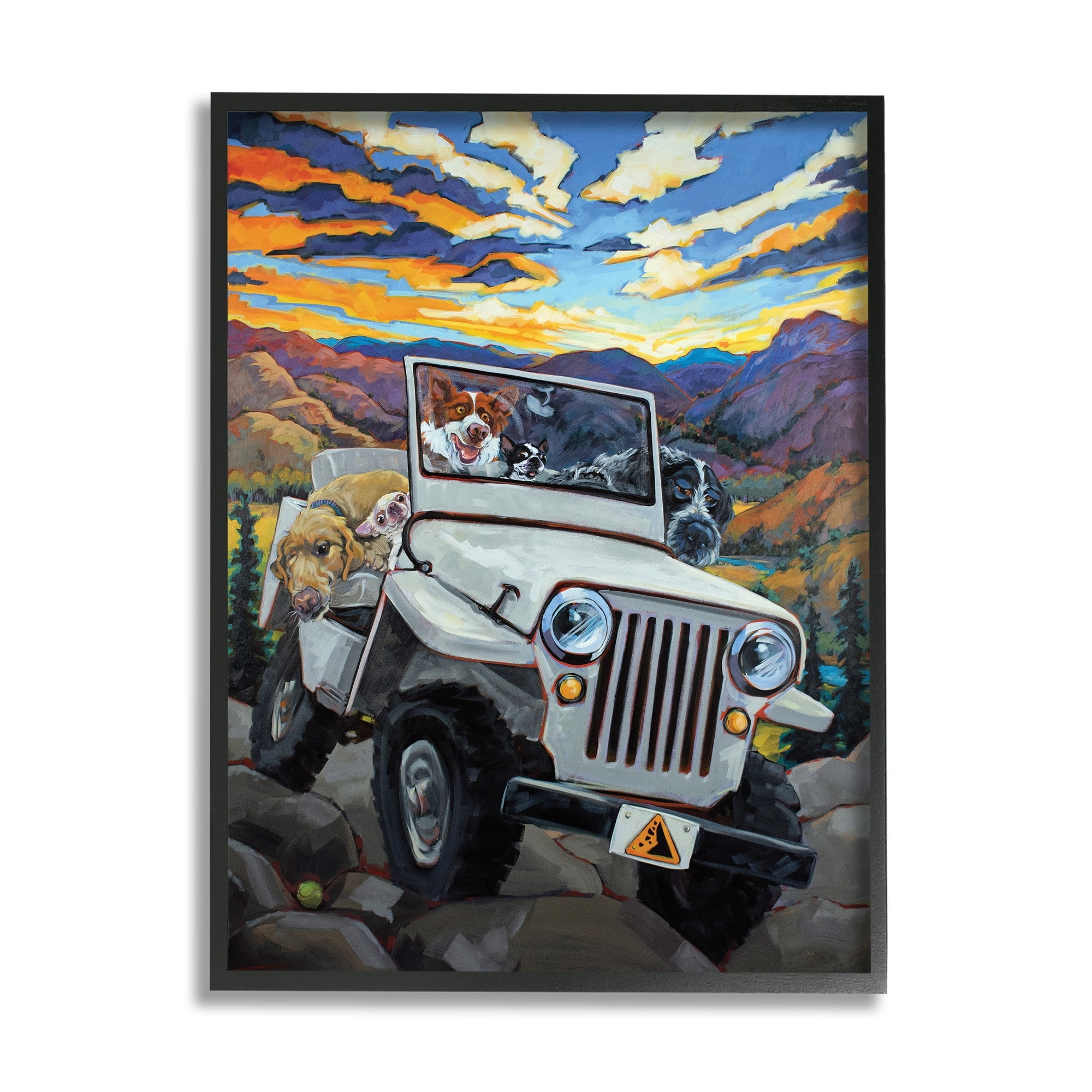Stupell Industries Dogs Off-Roading Desert Drive Mountain Sunset Animals & Insects Painting Black Framed Art Print Wall Art, 24 x 30