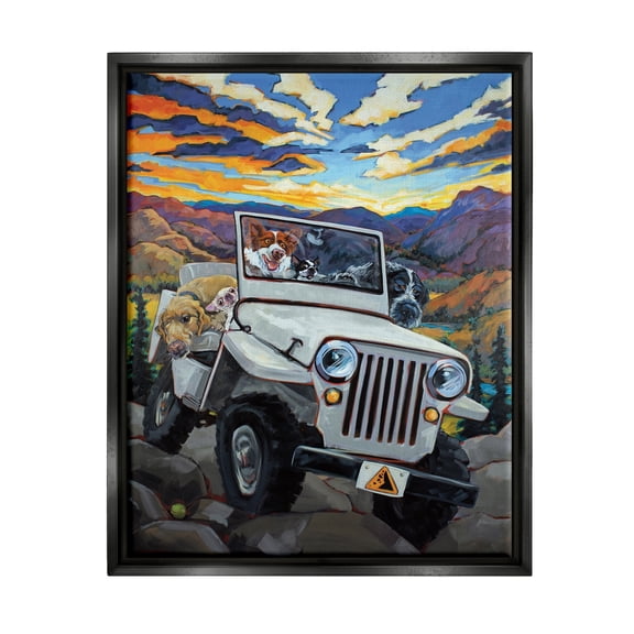 Stupell Industries Dogs Off-Roading Desert Drive Mountain Sunset Jet Black Framed Floating Canvas Wall Art, 24x30, by CR Townsend