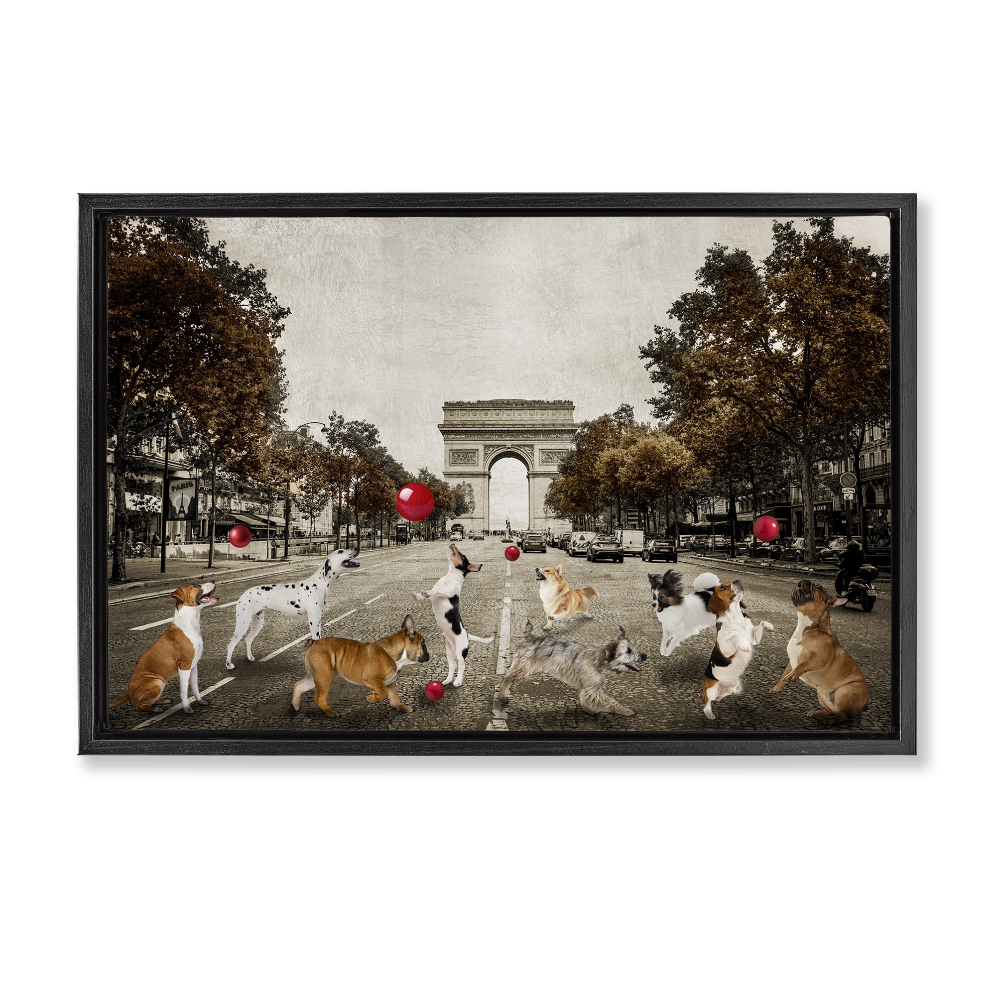 Stupell Industries Dogs Playing Among Architecture Animals & Insects Painting Black Floater Framed Canvas Art Print Wall Art, 25 x 17