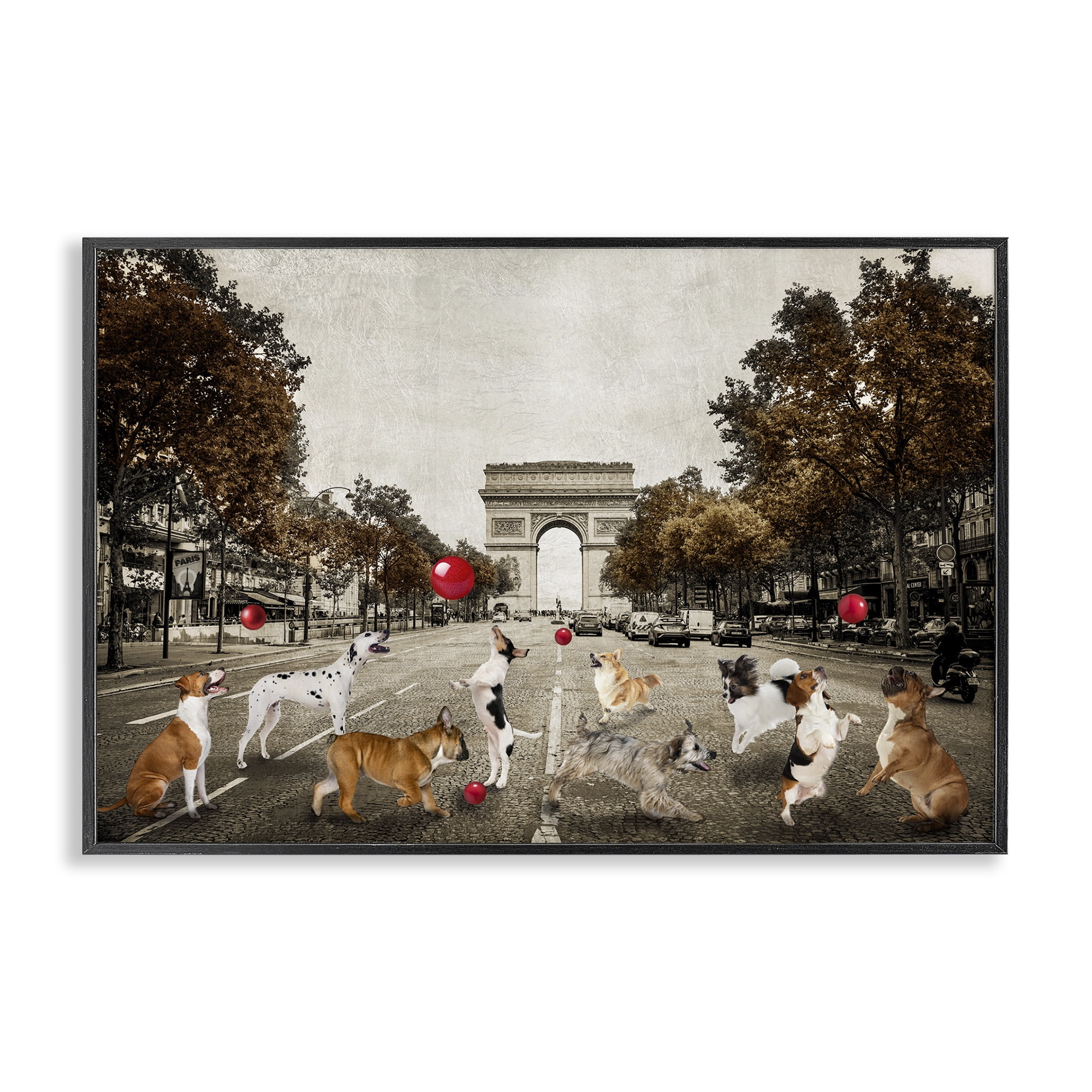 Stupell Industries Dogs Playing Among Architecture Animals & Insects Painting Black Framed Art Print Wall Art, 18 x 12