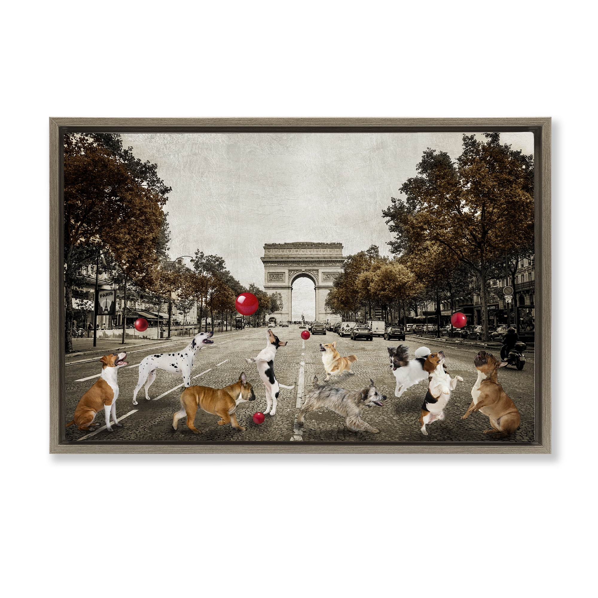 Stupell Industries Dogs Playing Among Architecture Animals & Insects Painting Brown Floater Framed Canvas Art Print Wall Art, 25 x 17
