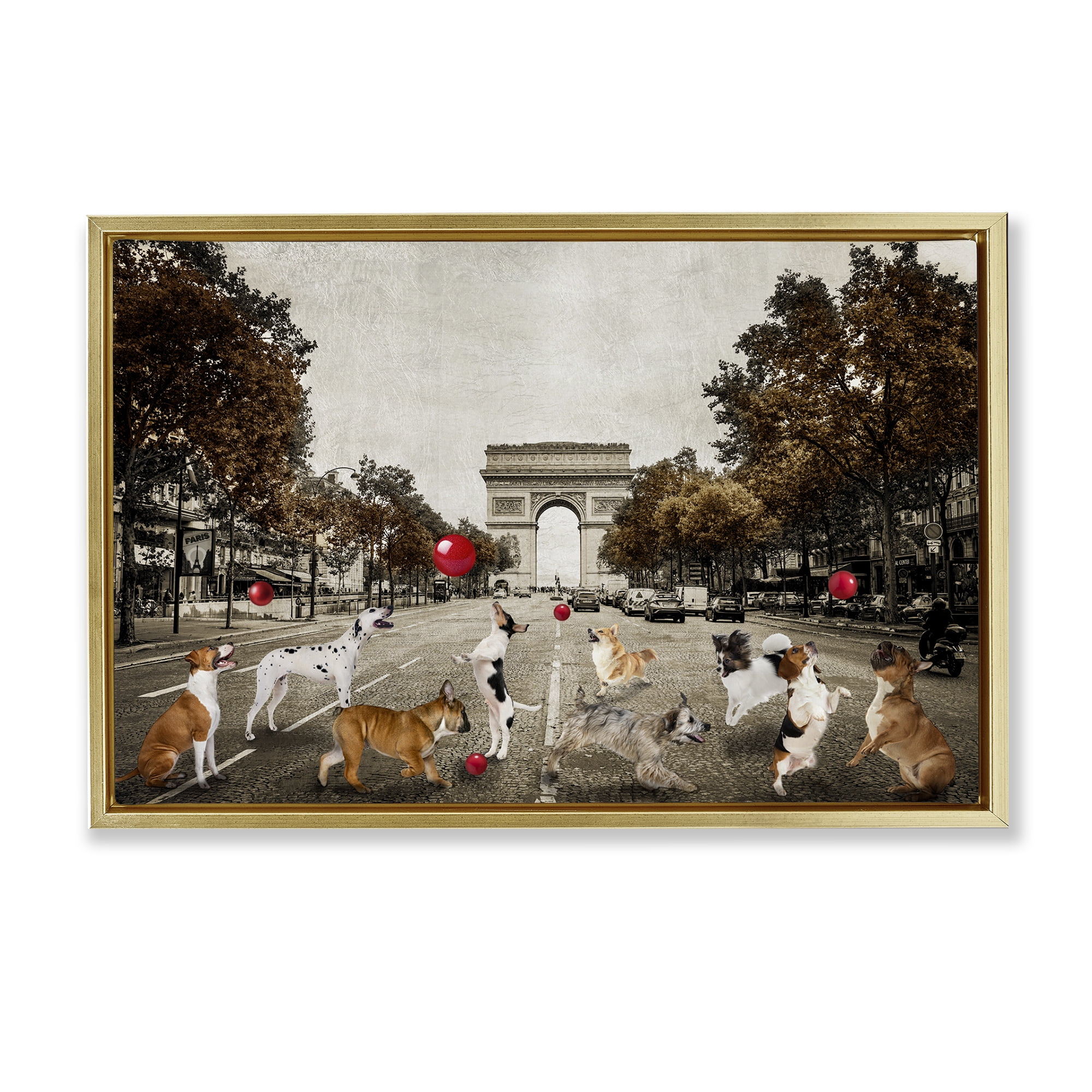 Stupell Industries Dogs Playing Among Architecture Animals & Insects Painting Gold Floater Framed Canvas Art Print Wall Art, 31 x 21