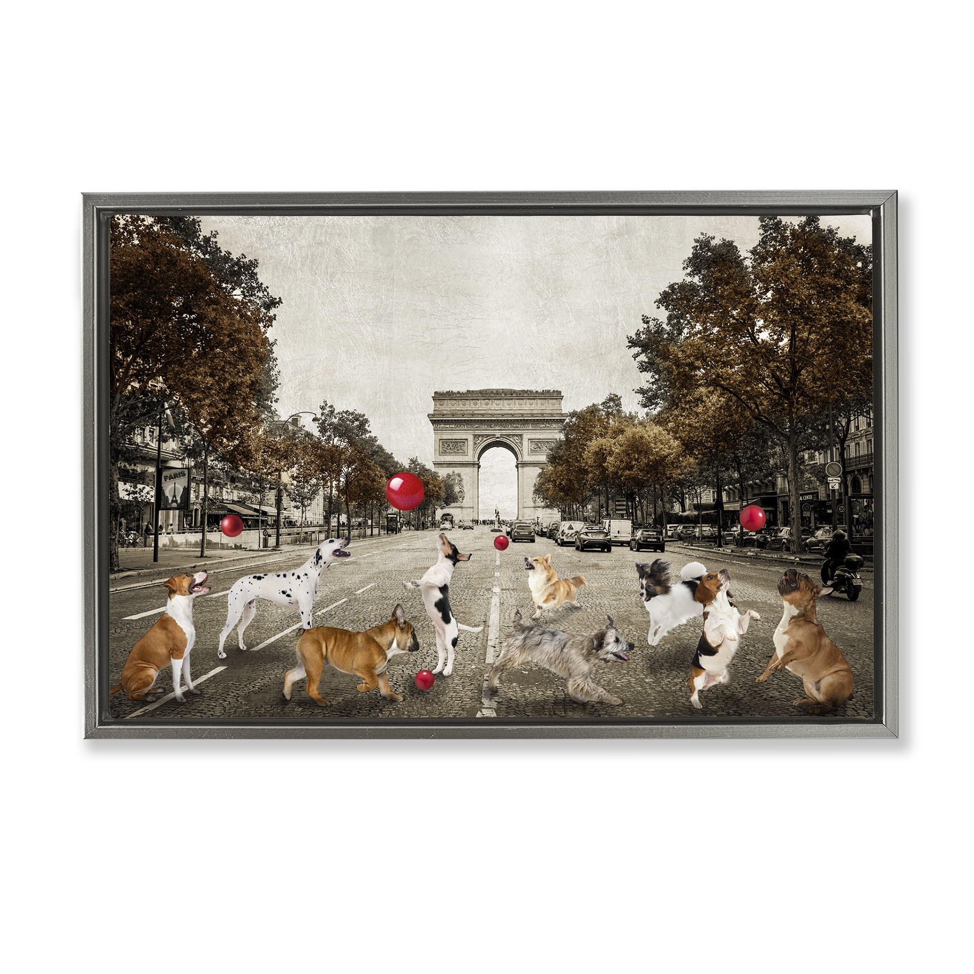 Stupell Industries Dogs Playing Among Architecture Animals & Insects Painting Gray Floater Framed Canvas Art Print Wall Art, 31 x 21