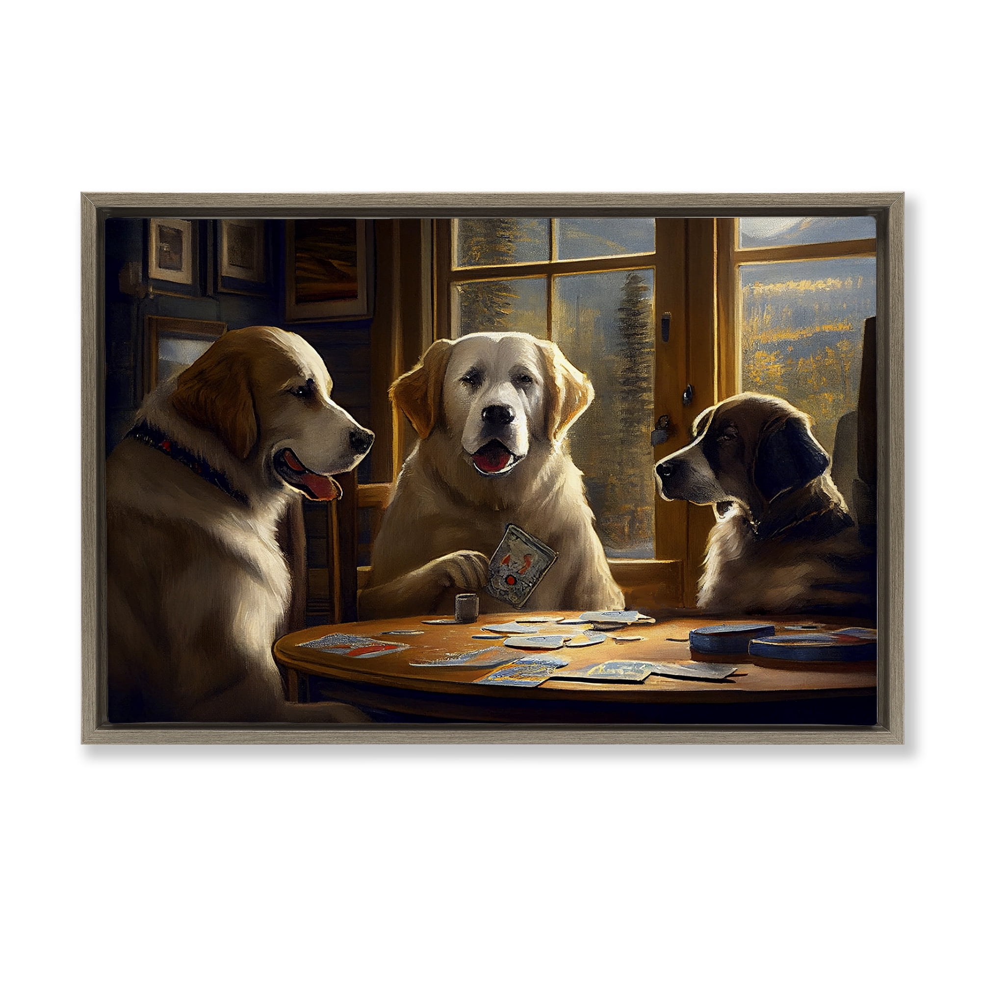 Stupell Industries Dogs Playing Card Game Entertainment Painting Brown Floater Framed Canvas Art Print Wall Art, 25 x 17