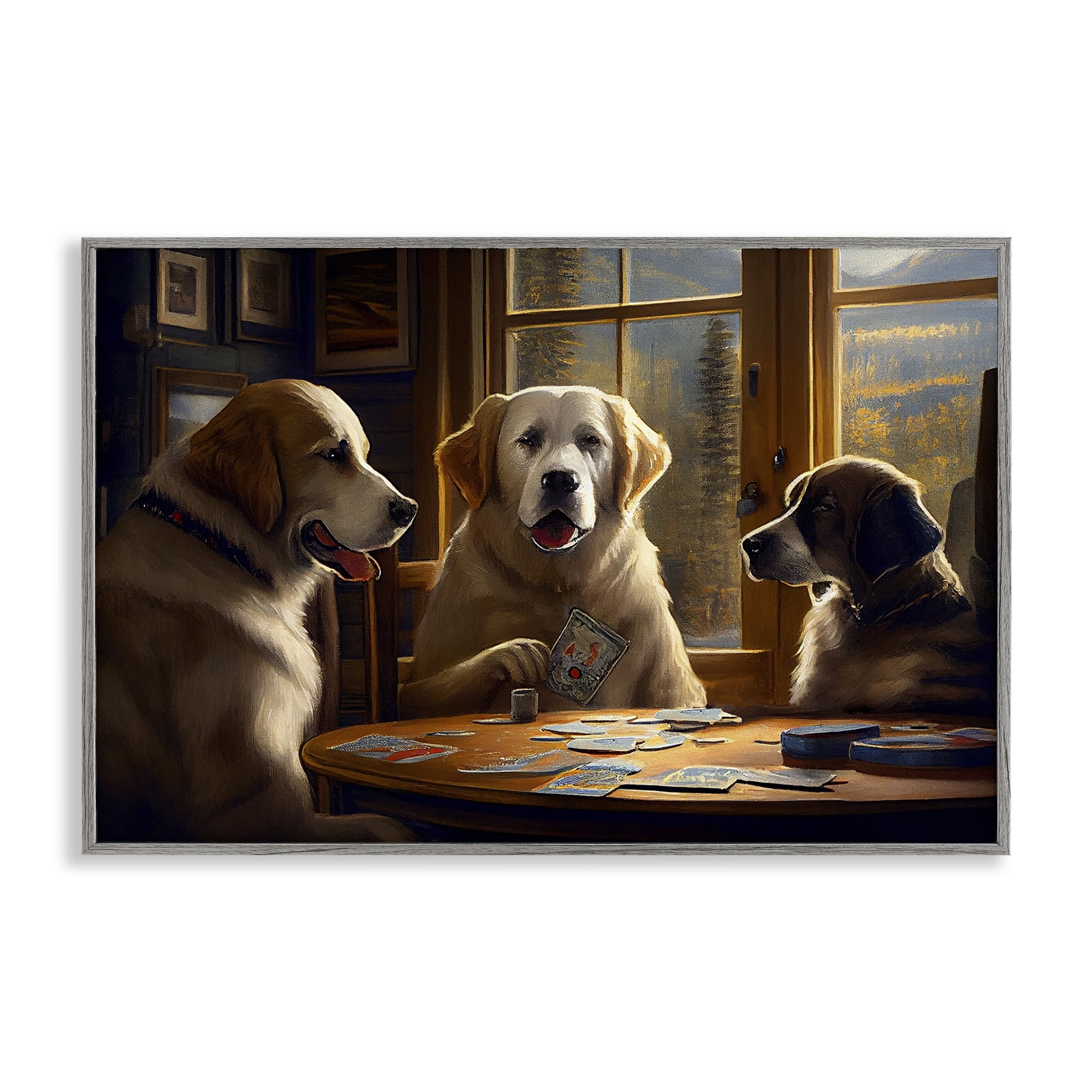 Stupell Industries Dogs Playing Card Game Entertainment Painting Gray Framed Art Print Wall Art, 30 x 20