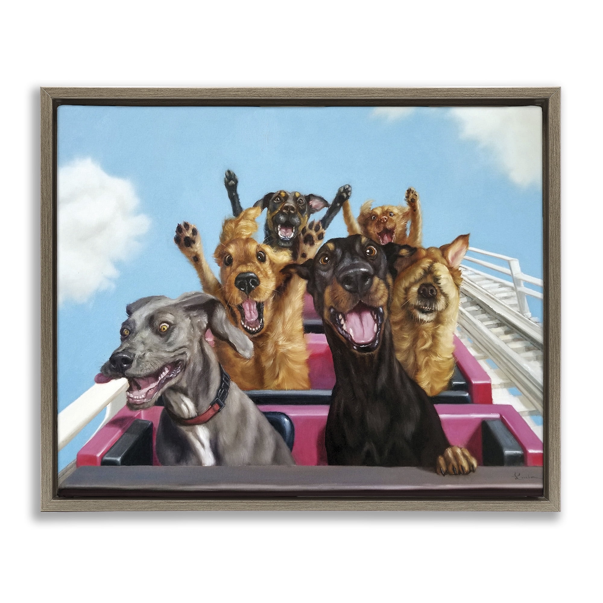 Stupell Industries Dogs Riding Roller Coaster Animals & Insects Painting Brown Floater Framed Canvas Art Print Wall Art, 31 x 25