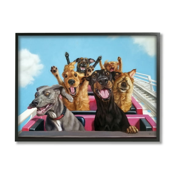 Stupell Industries Dogs Riding Roller Coaster Funny Amusement Park Animals & Insects Painting Black Framed Art Print Wall Art, 11 x 14
