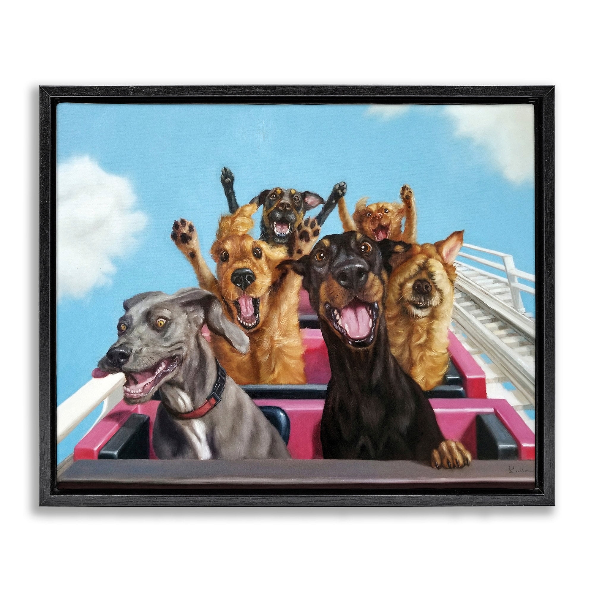 Stupell Industries Dogs Riding Roller Coaster Funny Amusement Park Jet Black Framed Floating Canvas Wall Art, 16x20, by Lucia Heffernan