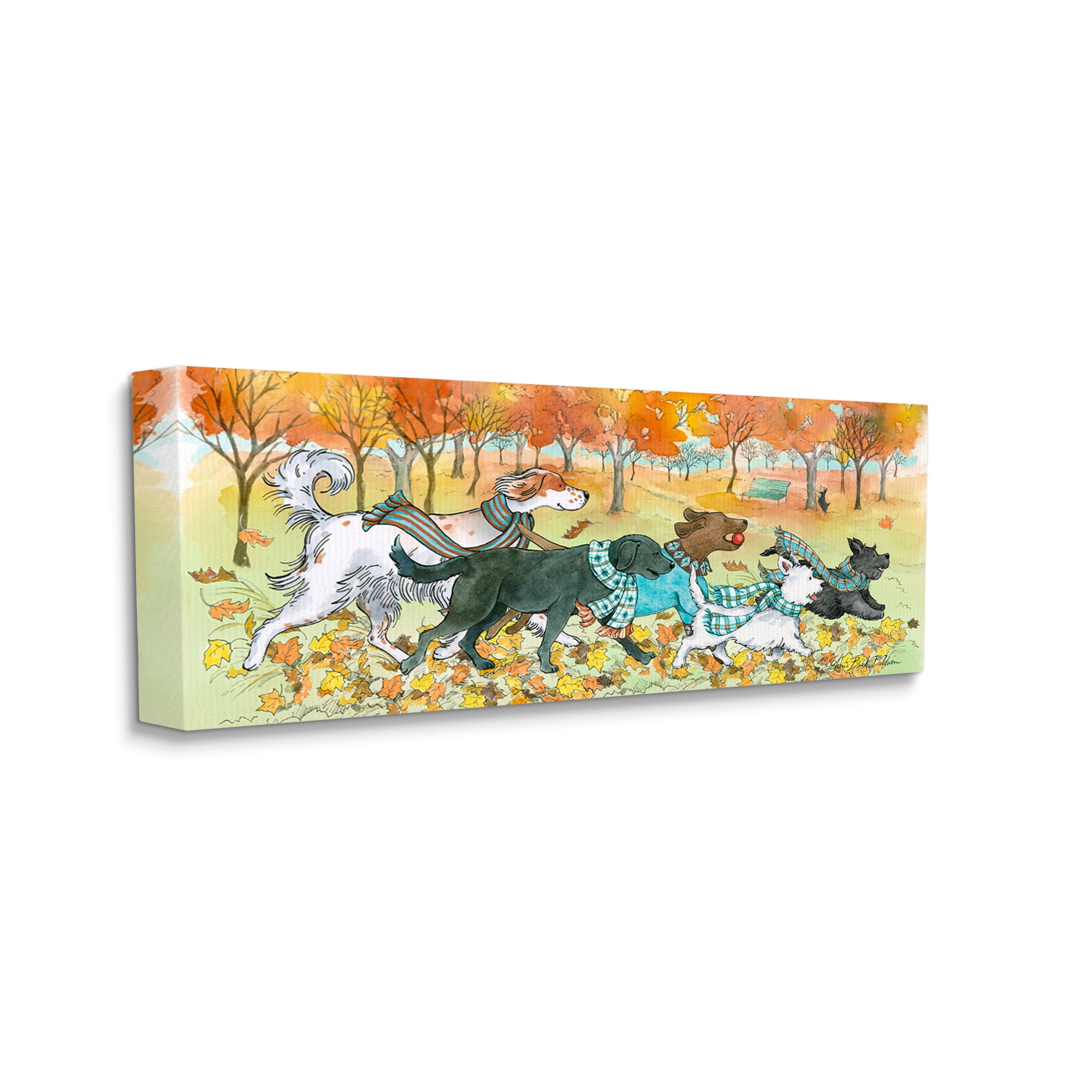 Stupell Industries Dogs Running in Autumn Leaves Fall Animals Animals & Insects Painting Gallery Wrapped Canvas Art Print Wall Art, 17 x 40