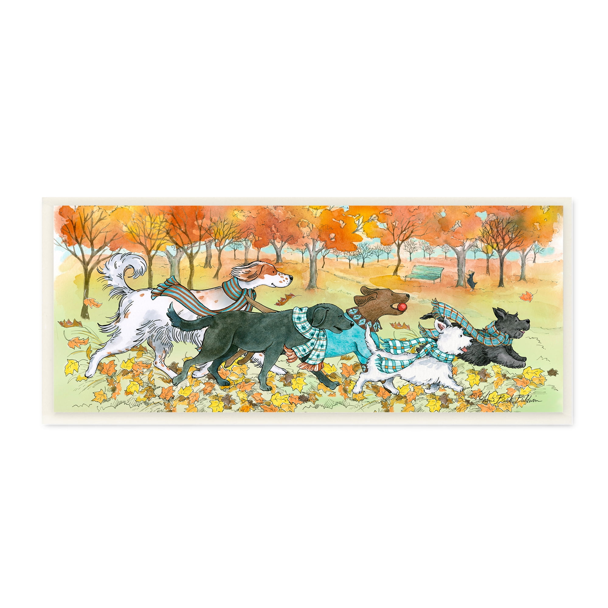 Stupell Industries Dogs Running in Autumn Leaves Fall Animals Animals & Insects Painting Wall Plaque Art Print Wall Art, 7 x 17