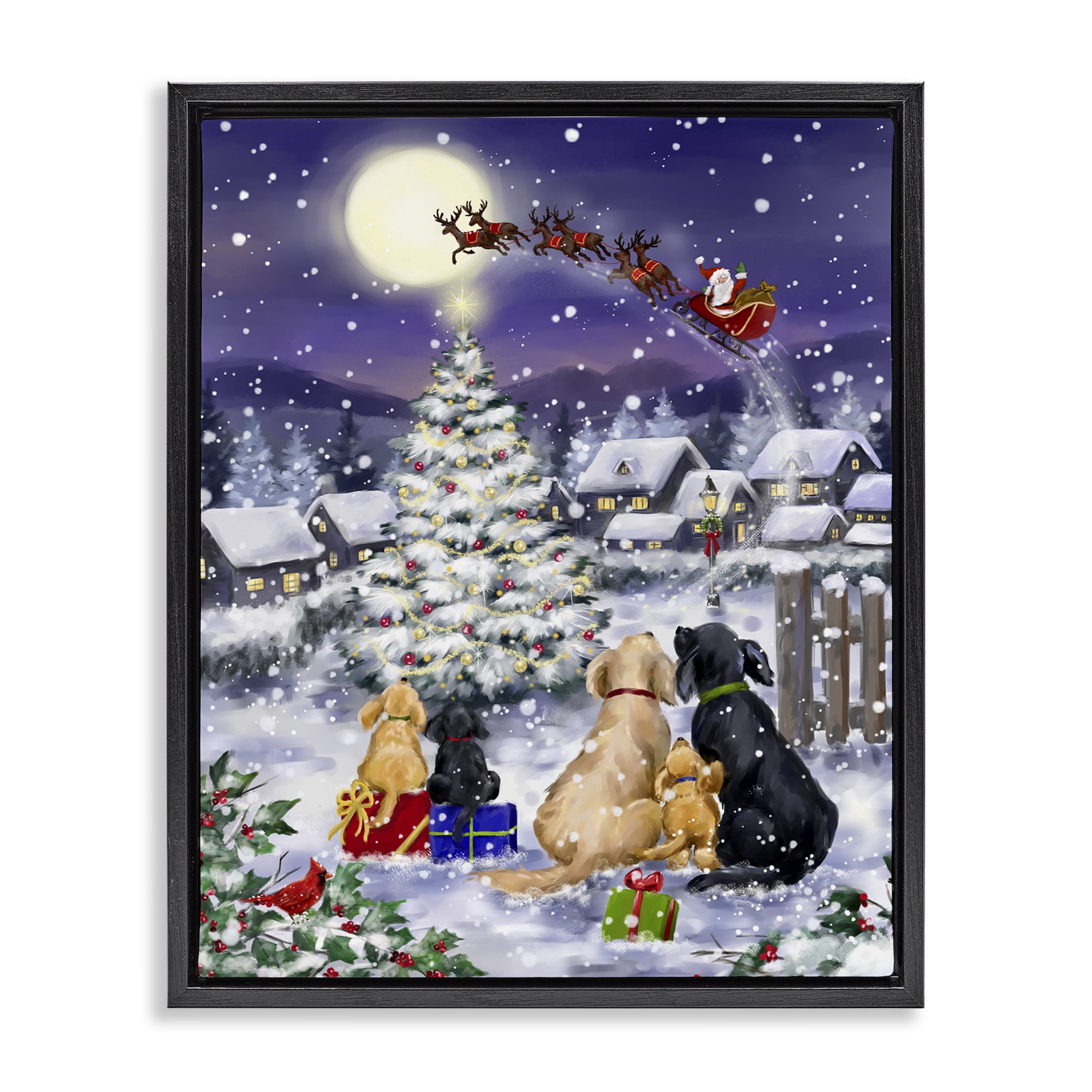 Stupell Industries Dogs Watching Sleigh Holiday Painting Black Floater Framed Art Print Wall Art, 25 x 31