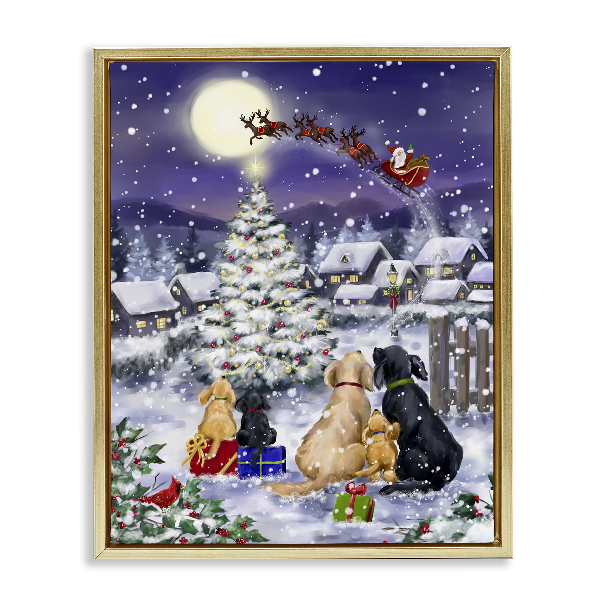 Stupell Industries Dogs Watching Sleigh Holiday Painting Gold Floater Framed Art Print Wall Art, 17 x 21