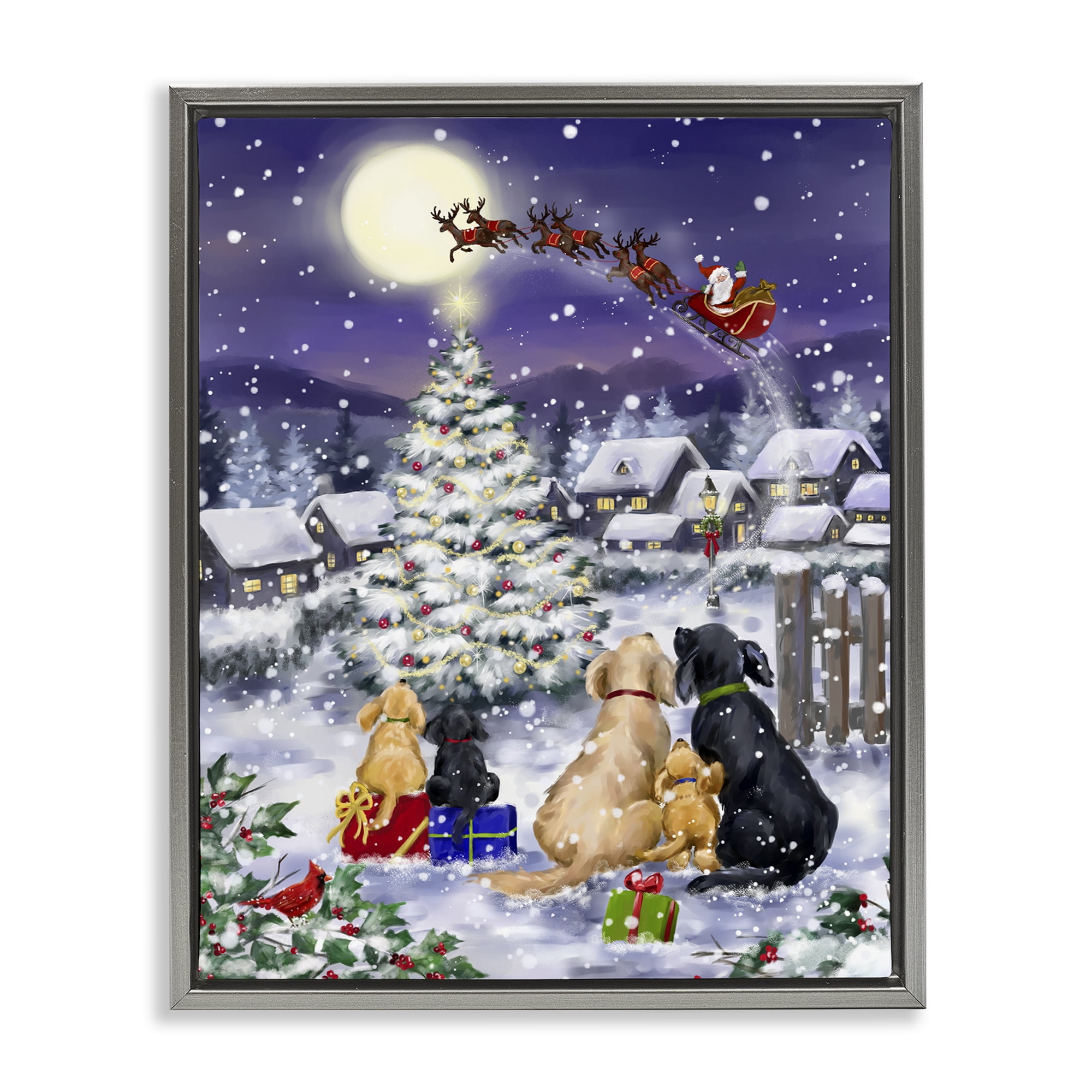 Stupell Industries Dogs Watching Sleigh Holiday Painting Gray Floater Framed Art Print Wall Art, 17 x 21