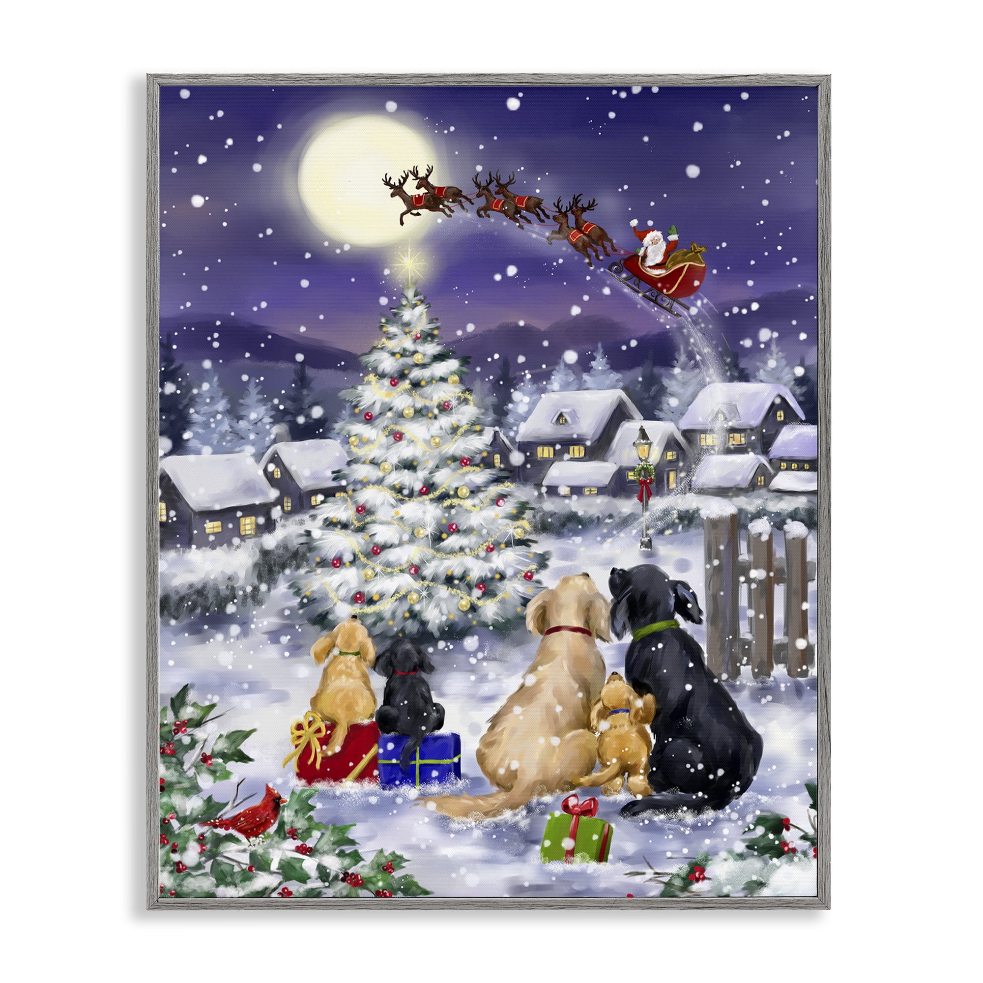 Stupell Industries Dogs Watching Sleigh Holiday Painting Gray Framed Art Print Wall Art, 16 x 20