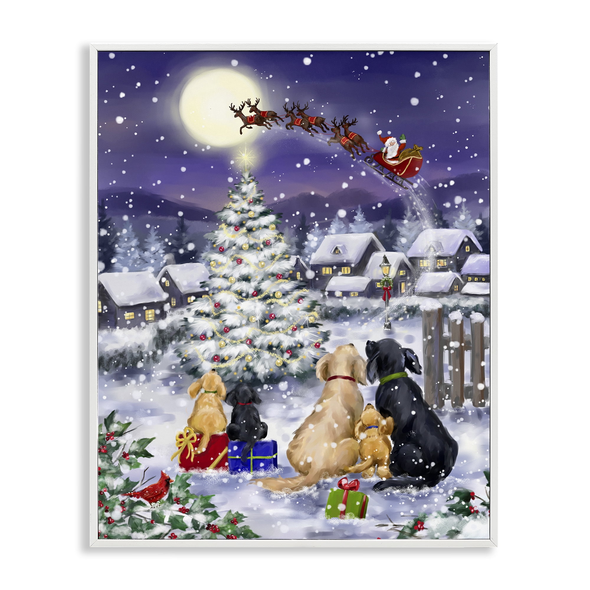 Stupell Industries Dogs Watching Sleigh Holiday Painting White Framed Art Print Wall Art, 16 x 20