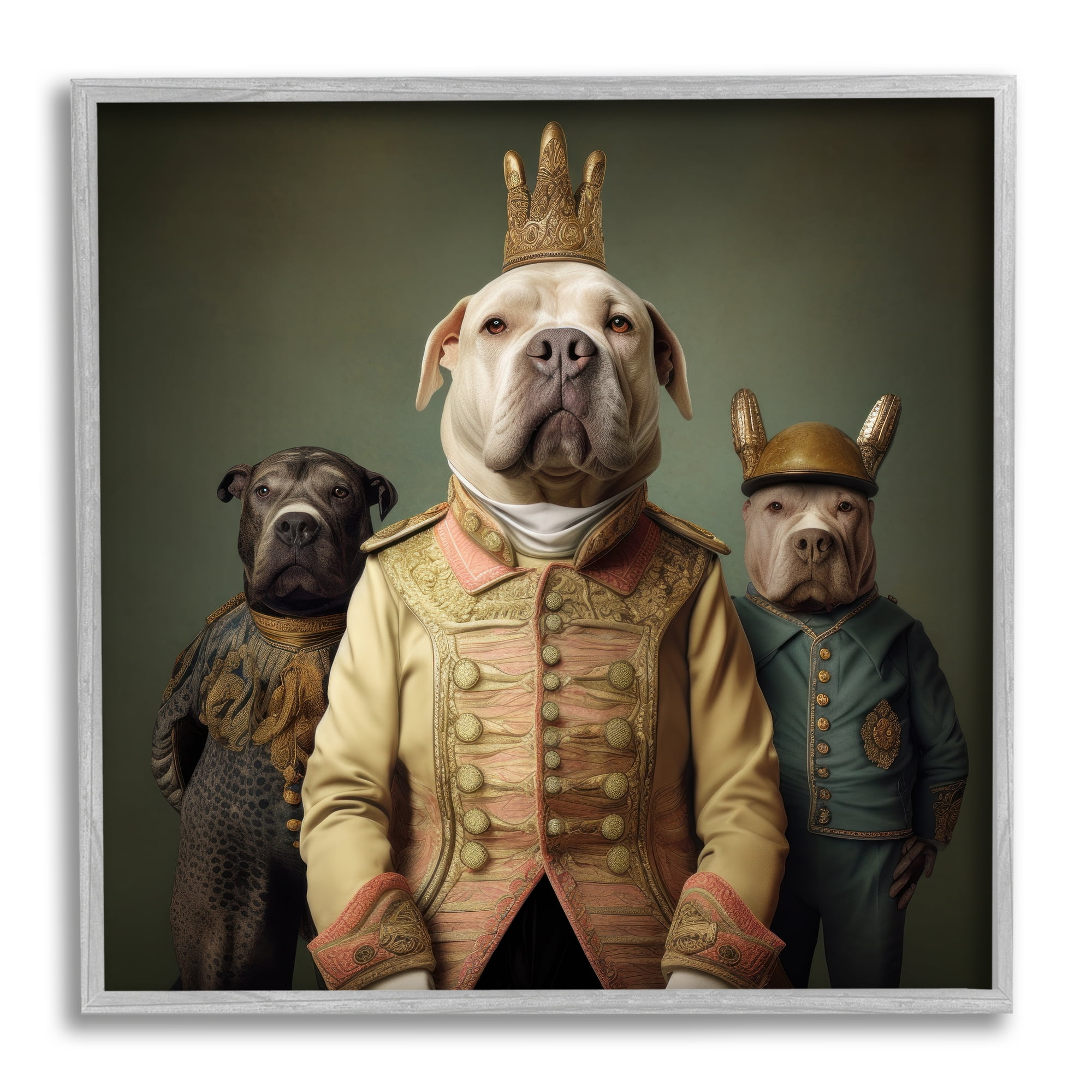 Stupell Industries Dogs Wearing Regal Clothes Animals & Insects Painting Gray Framed Art Print Wall Art, 12 x 12