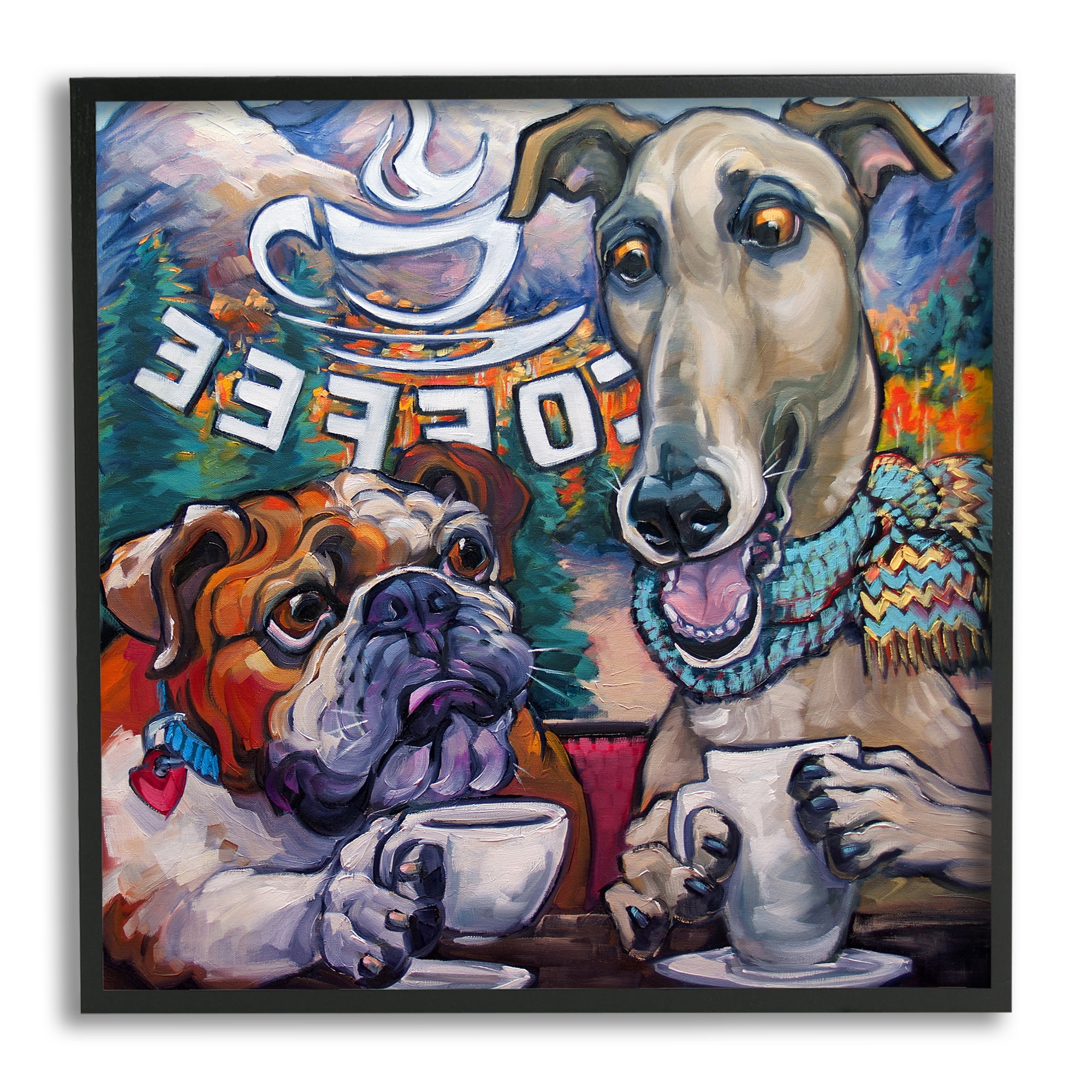Stupell Industries Dogs at Coffee Shop Animals & Insects Painting Black Framed Art Print Wall Art, 17 x 17
