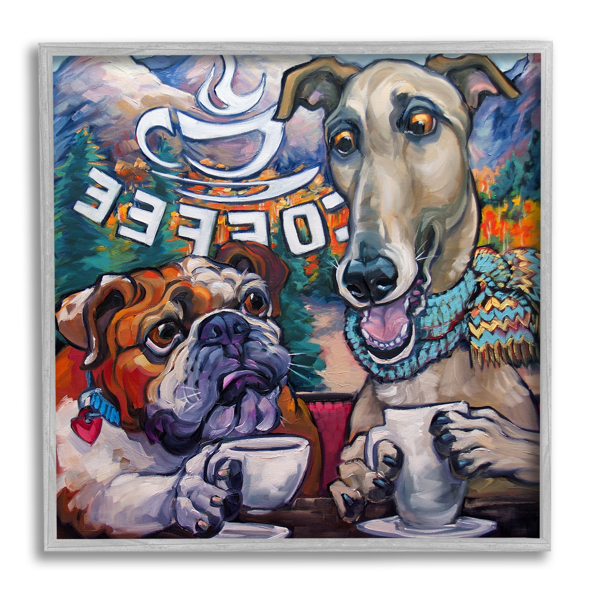 Stupell Industries Dogs at Coffee Shop Animals & Insects Painting Gray Framed Art Print Wall Art, 12 x 12