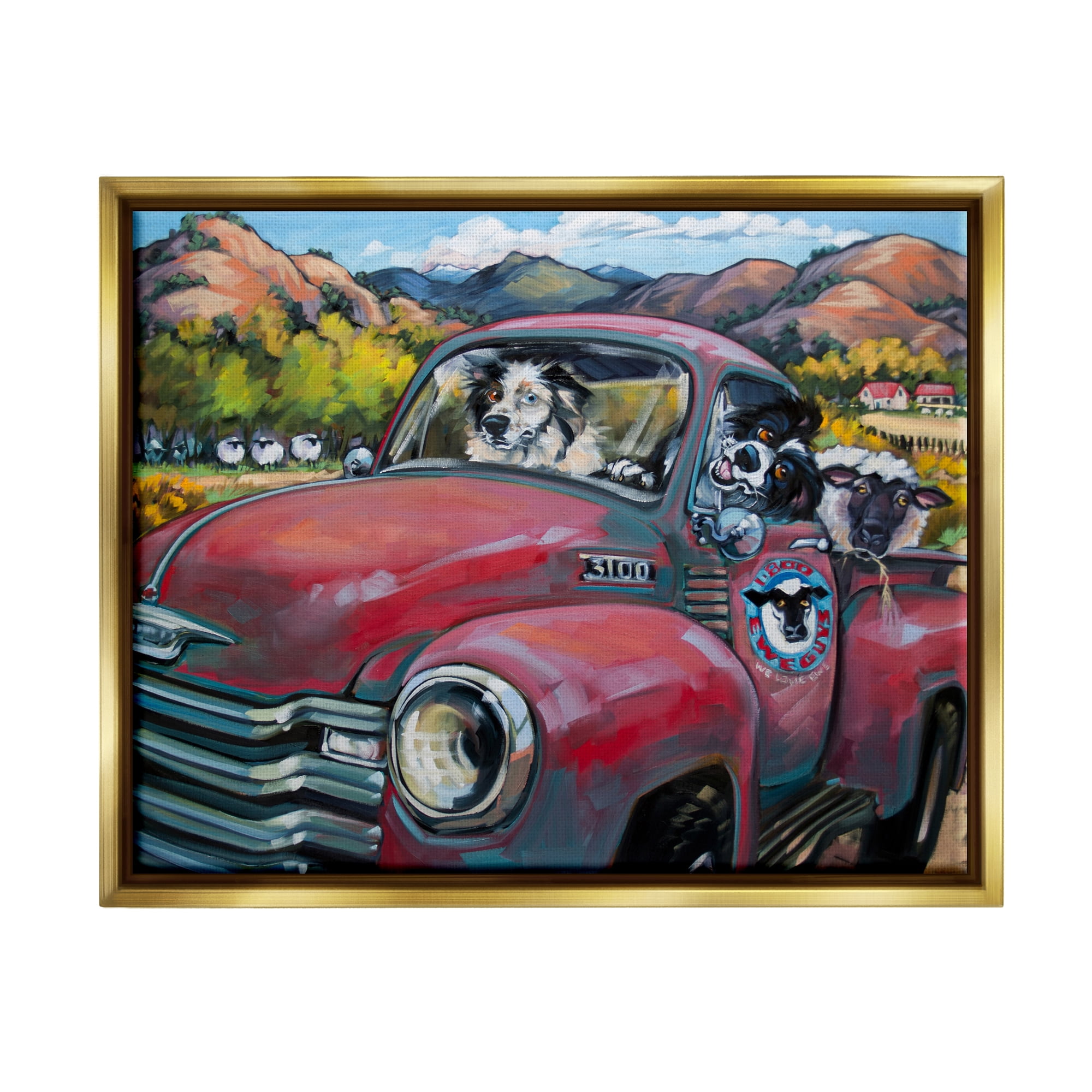 Stupell Industries Dogs in Vintage Truck Animals & Insects Painting Gold Floater Framed Art Print Wall Art, 21 x 17