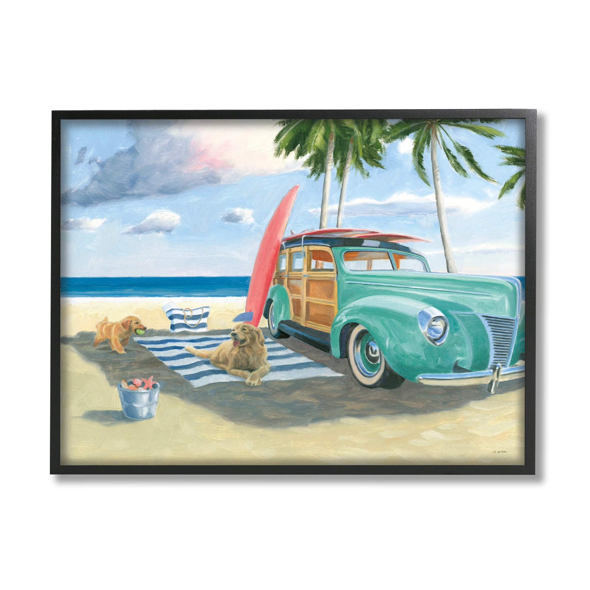 Stupell Industries Dogs on Beach Shore Animals & Insects Painting Black Framed Art Print Wall Art, 30 x 24