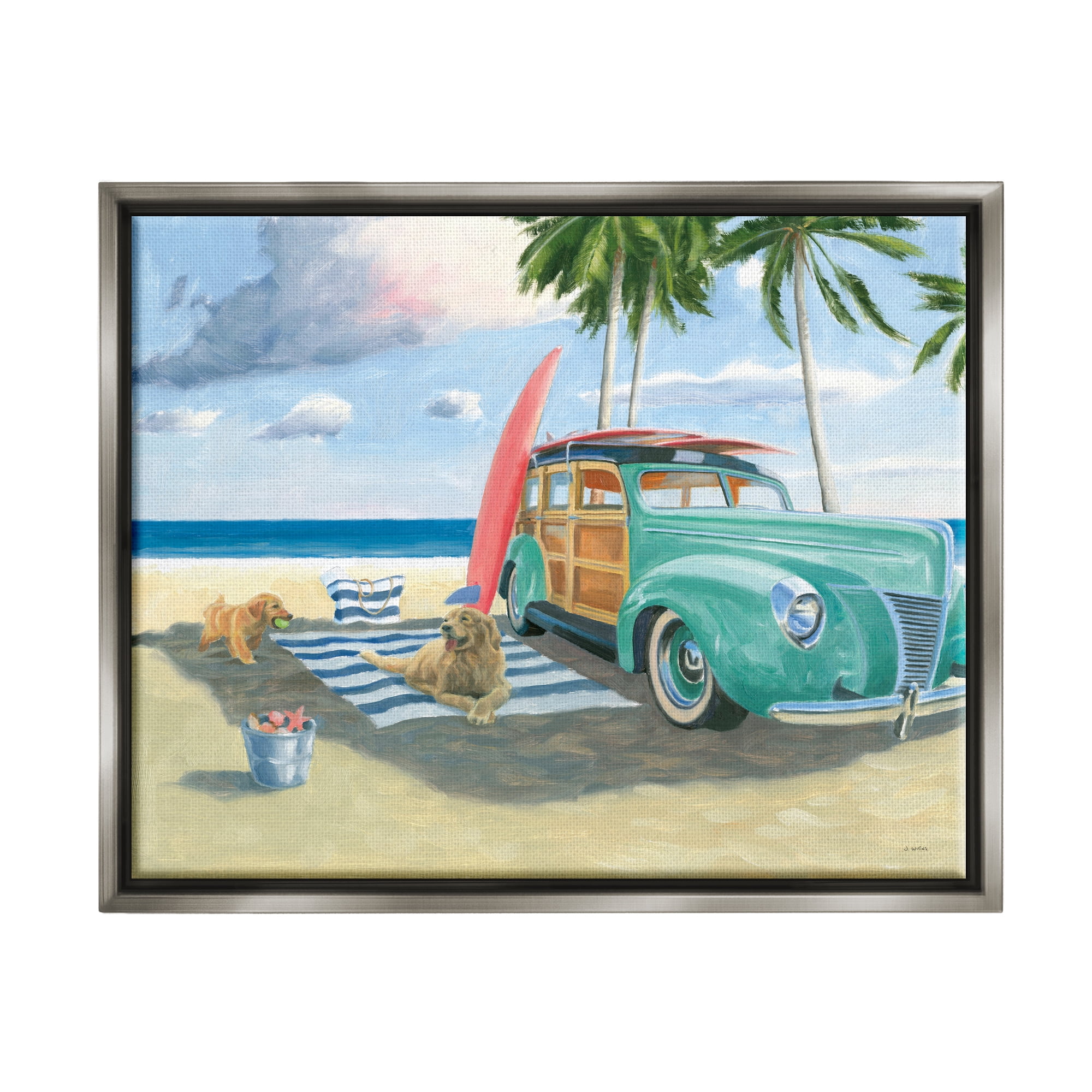 Stupell Industries Dogs on Beach Shore Animals & Insects Painting Gray Floater Framed Art Print Wall Art, 31 x 25