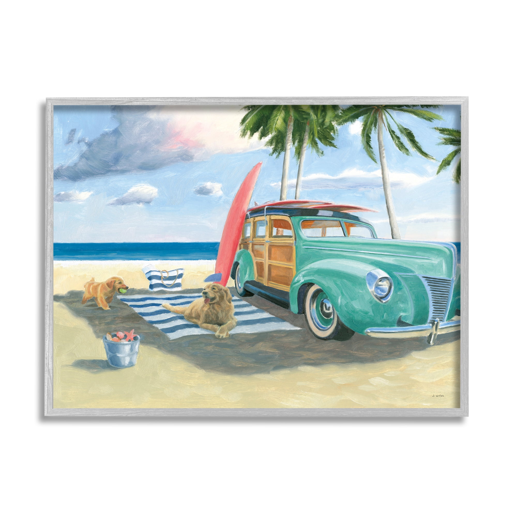 Stupell Industries Dogs on Beach Shore Animals & Insects Painting Gray Framed Art Print Wall Art, 20 x 16