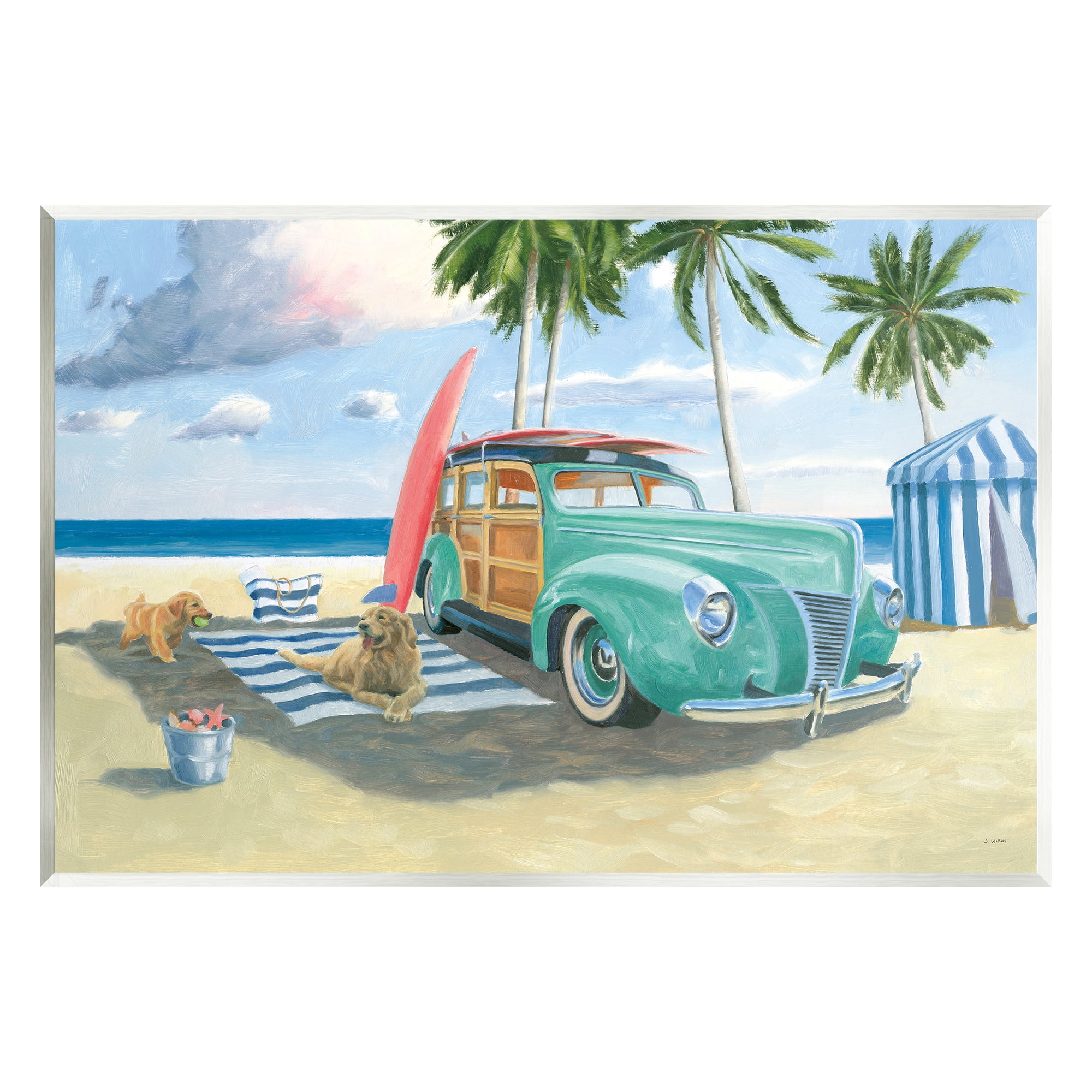 Beach Shore Scene with Dogs and Vintage Car Art Print