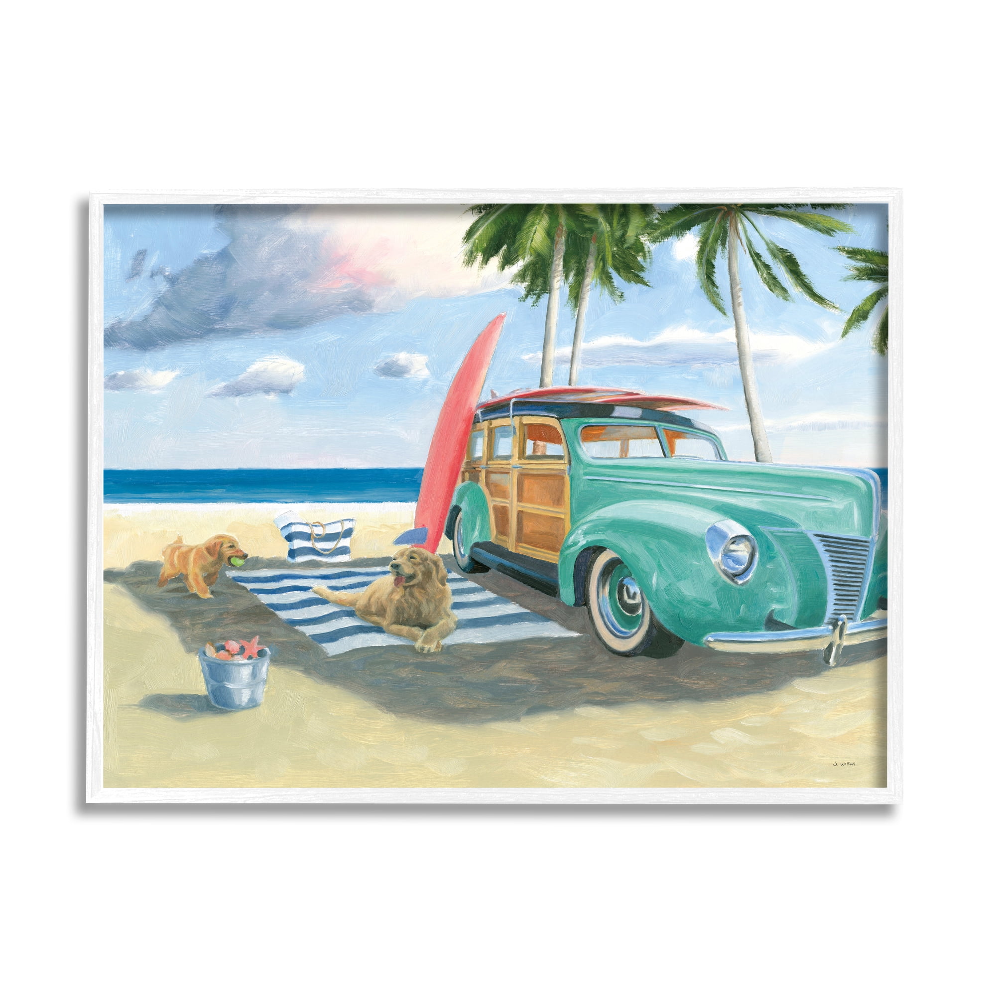 White Framed Coastal Beach Scene with Dogs Print, 30 x 24