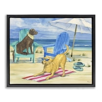 Stupell Industries Dogs on Beach Towel Animals & Insects Painting Black Floater Framed Canvas Art Print Wall Art, 21 x 17