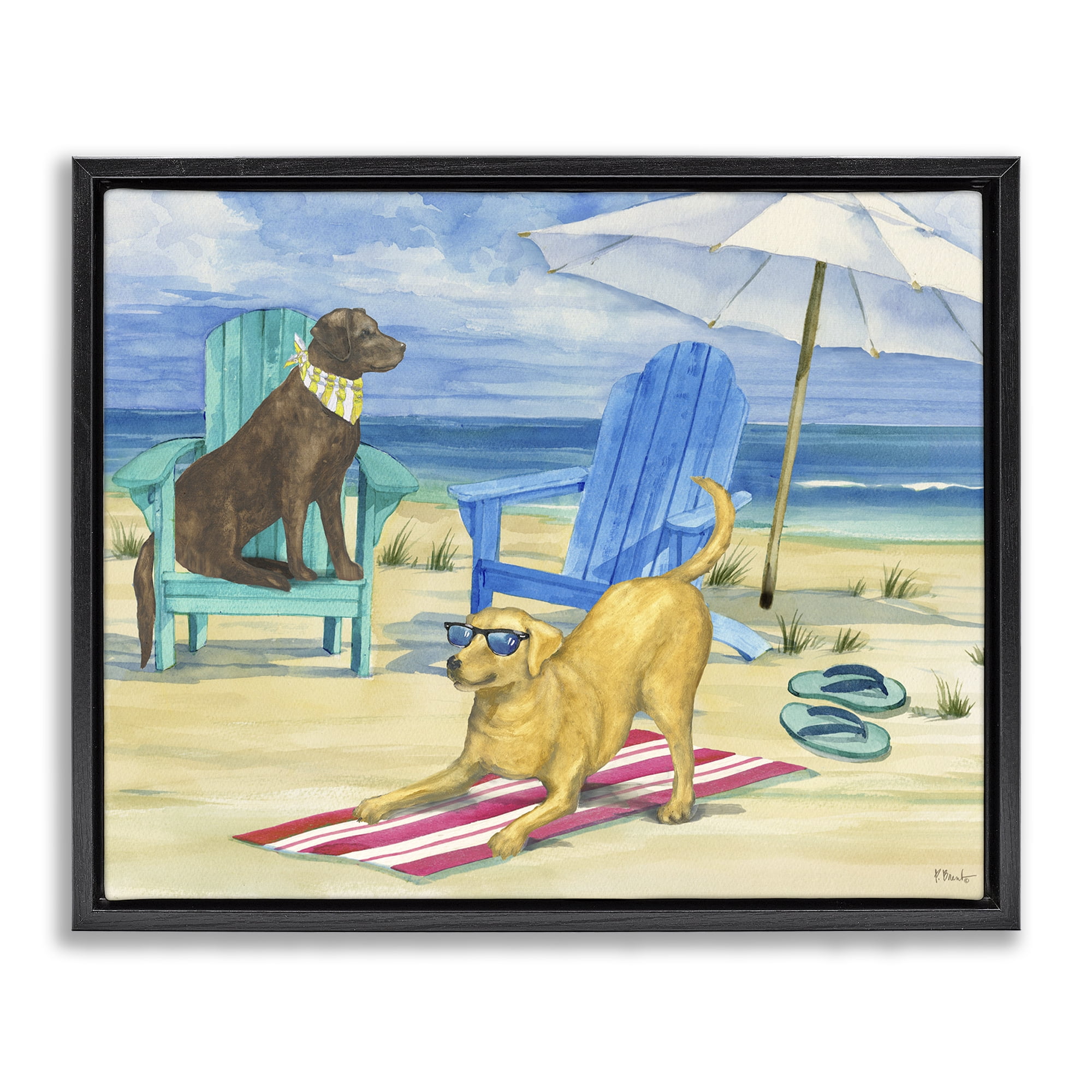 Stupell Industries Dogs on Beach Towel Animals & Insects Painting Black Floater Framed Canvas Art Print Wall Art, 31 x 25