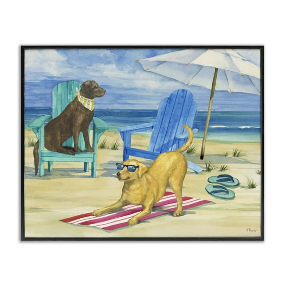 Stupell Industries Dogs on Beach Towel Animals & Insects Painting Black Framed Art Print Wall Art, 14 x 11