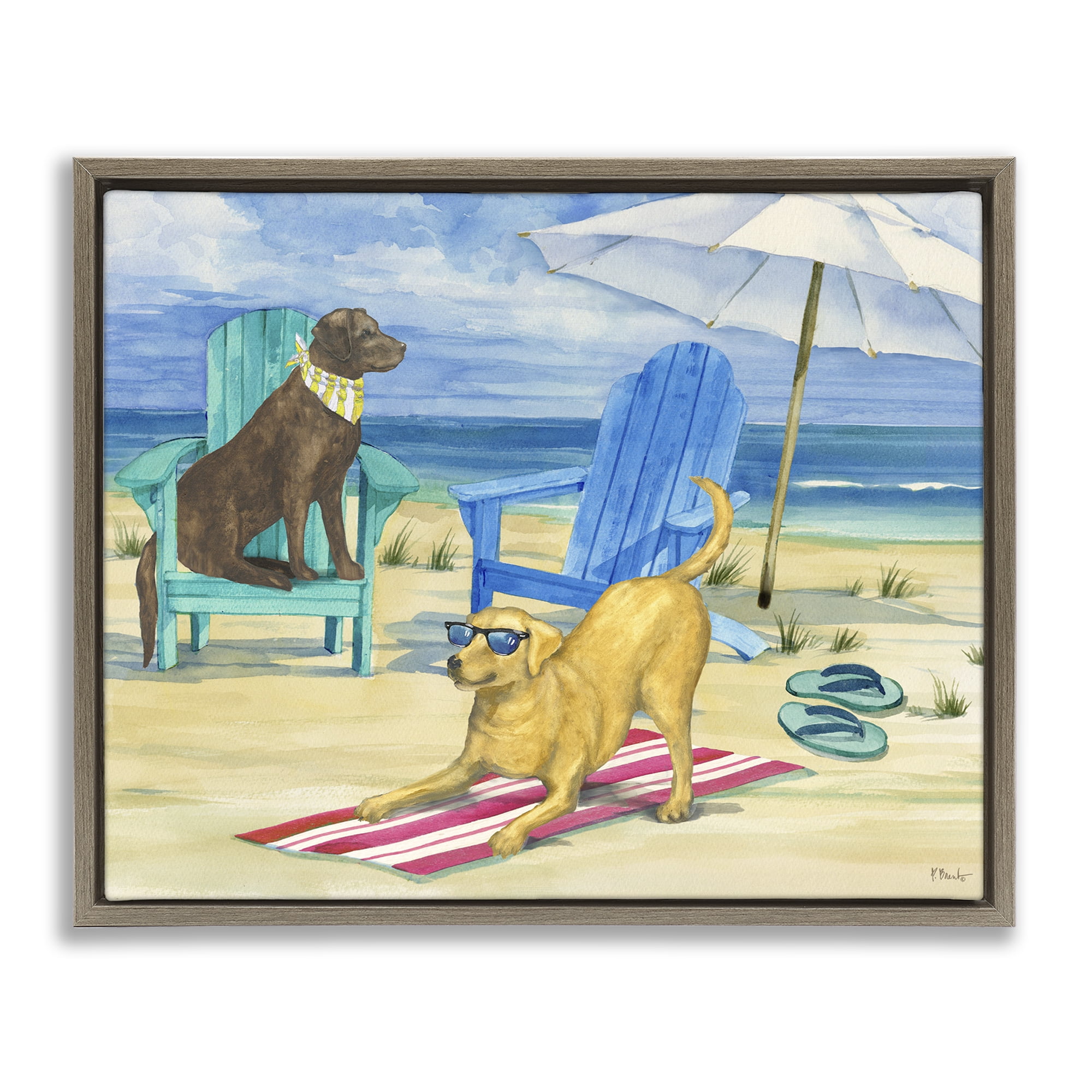Stupell Industries Dogs on Beach Towel Animals & Insects Painting Brown Floater Framed Canvas Art Print Wall Art, 31 x 25
