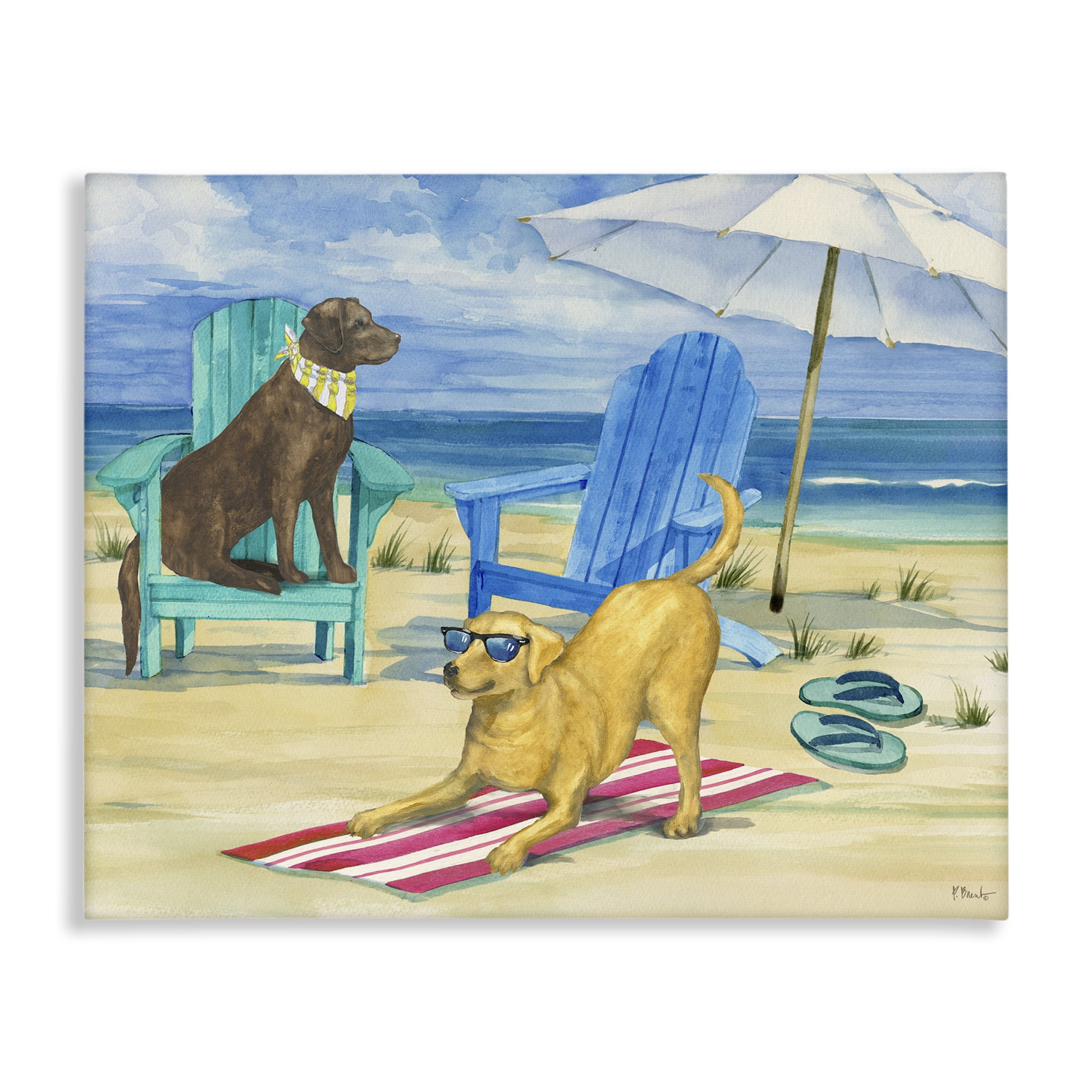 Stupell Industries Dogs on Beach Towel Animals & Insects Painting Gallery Wrapped Canvas Art Print Wall Art, 48 x 36