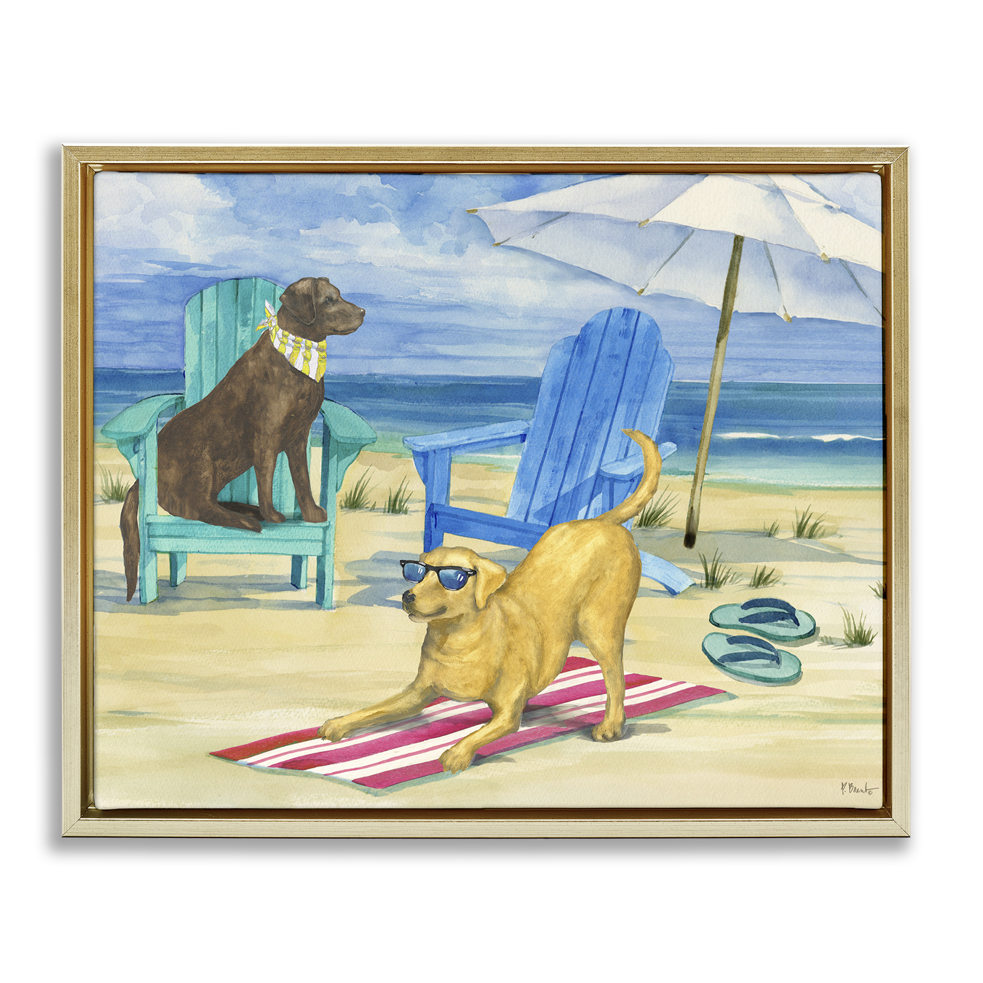 Stupell Industries Dogs on Beach Towel Animals & Insects Painting Gold Floater Framed Canvas Art Print Wall Art, 31 x 25