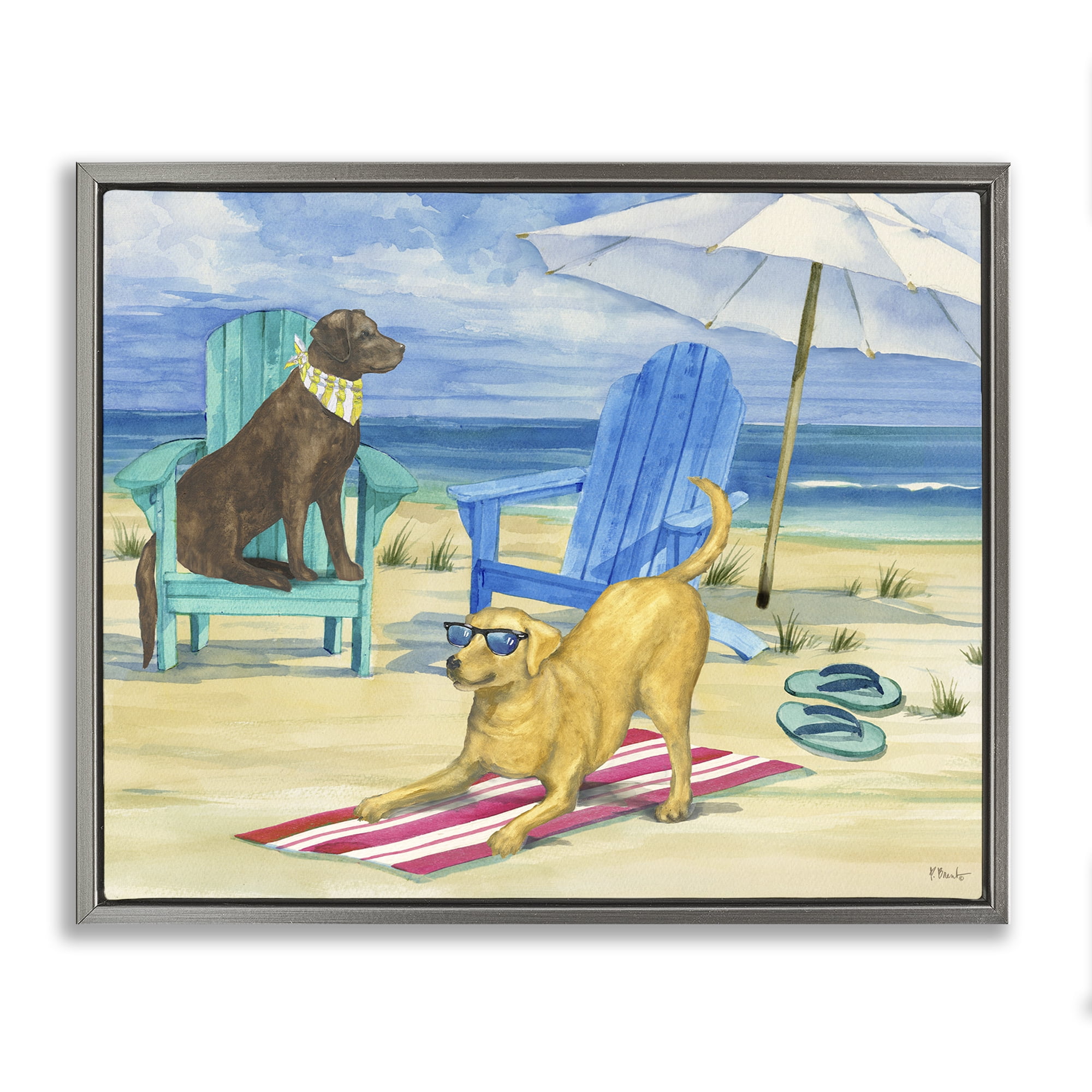 Stupell Industries Dogs on Beach Towel Animals & Insects Painting Gray Floater Framed Canvas Art Print Wall Art, 21 x 17