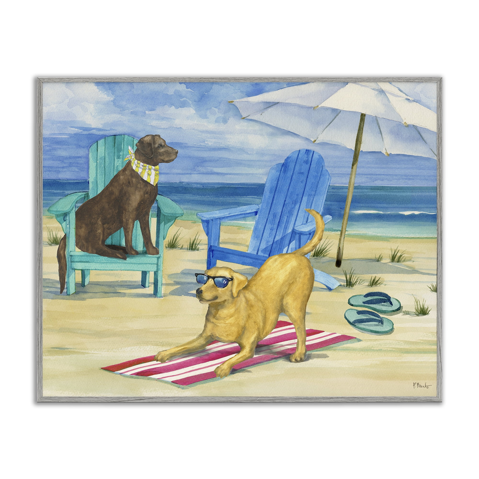 Stupell Industries Dogs on Beach Towel Animals & Insects Painting Gray Framed Art Print Wall Art, 20 x 16