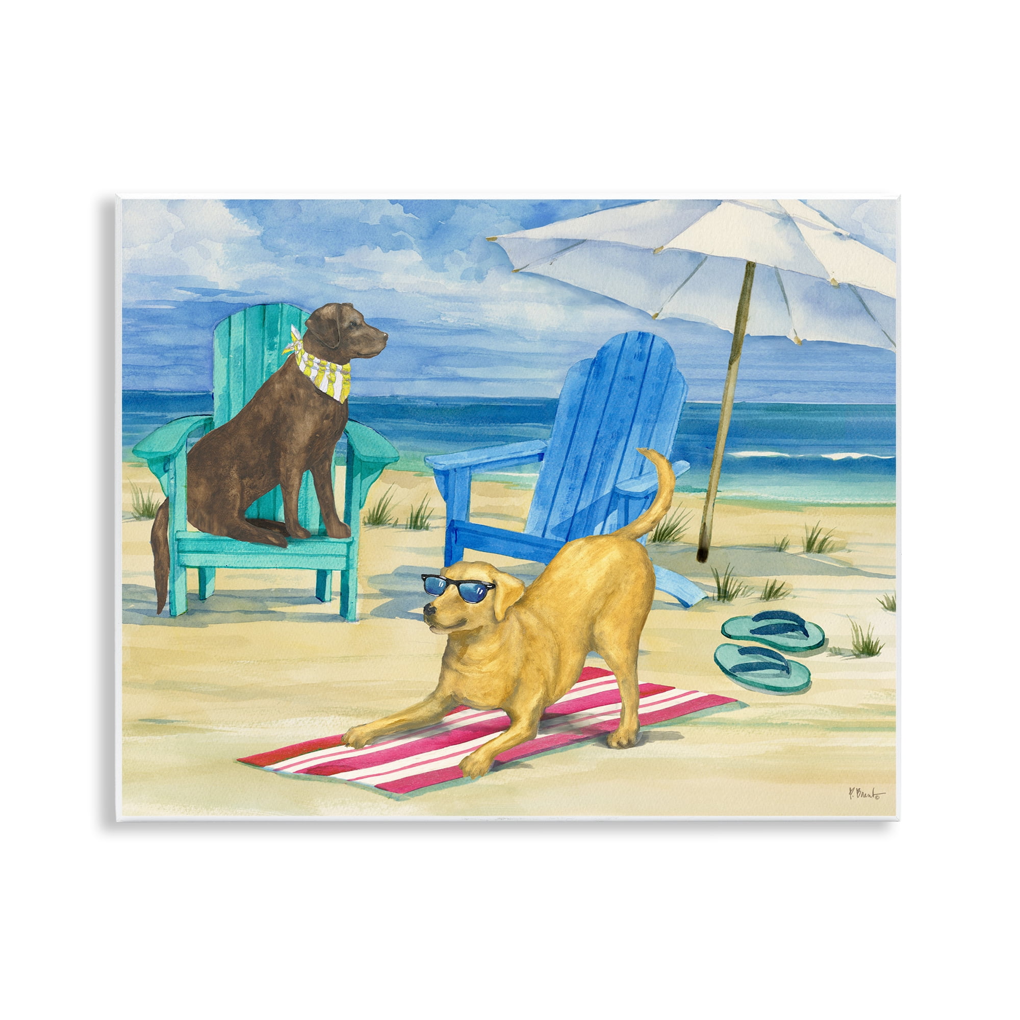 Stupell Industries Dogs on Beach Towel Animals & Insects Painting Unframed Art Print Wall Art, 14 x 11