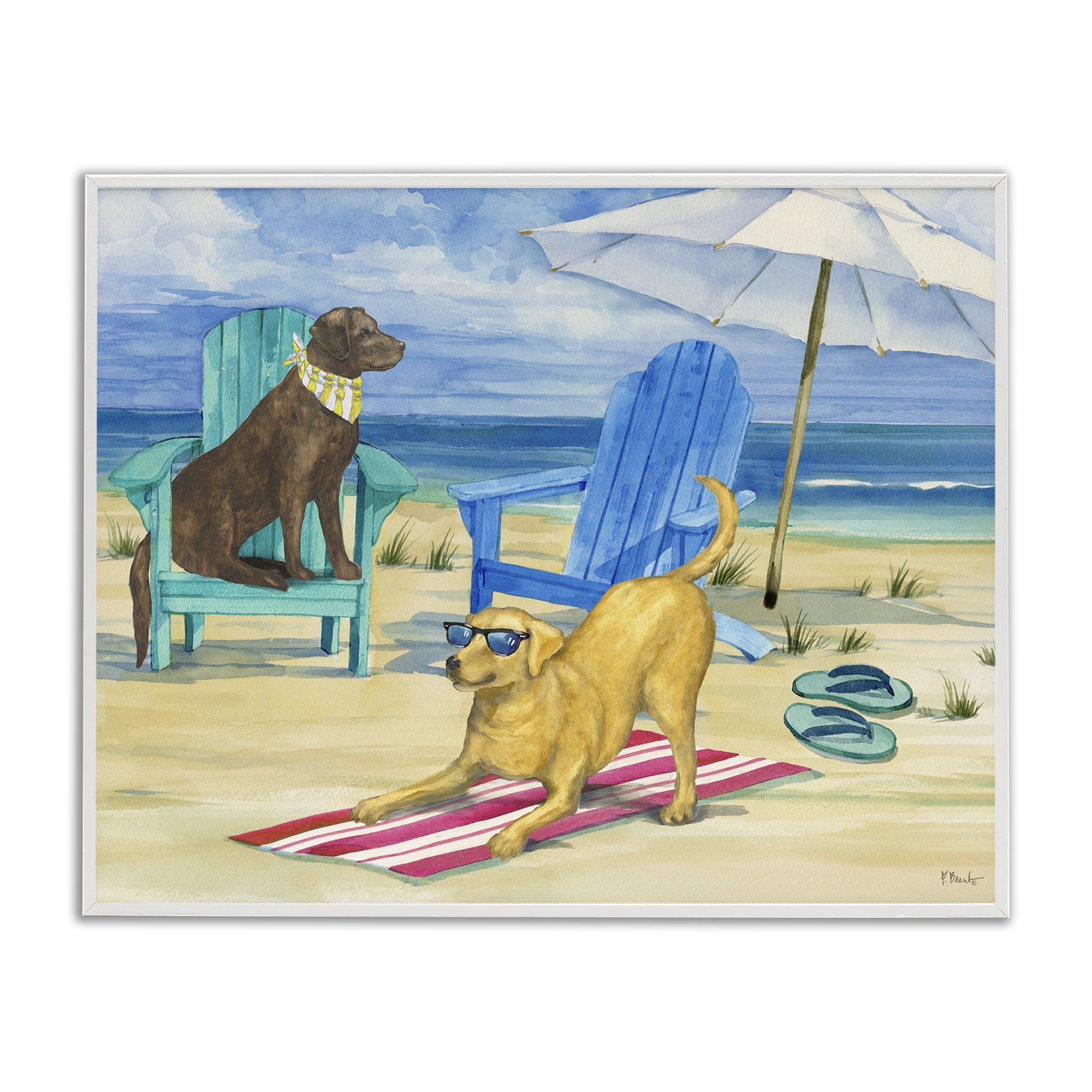 Stupell Industries Dogs on Beach Towel Animals & Insects Painting White Framed Art Print Wall Art, 14 x 11