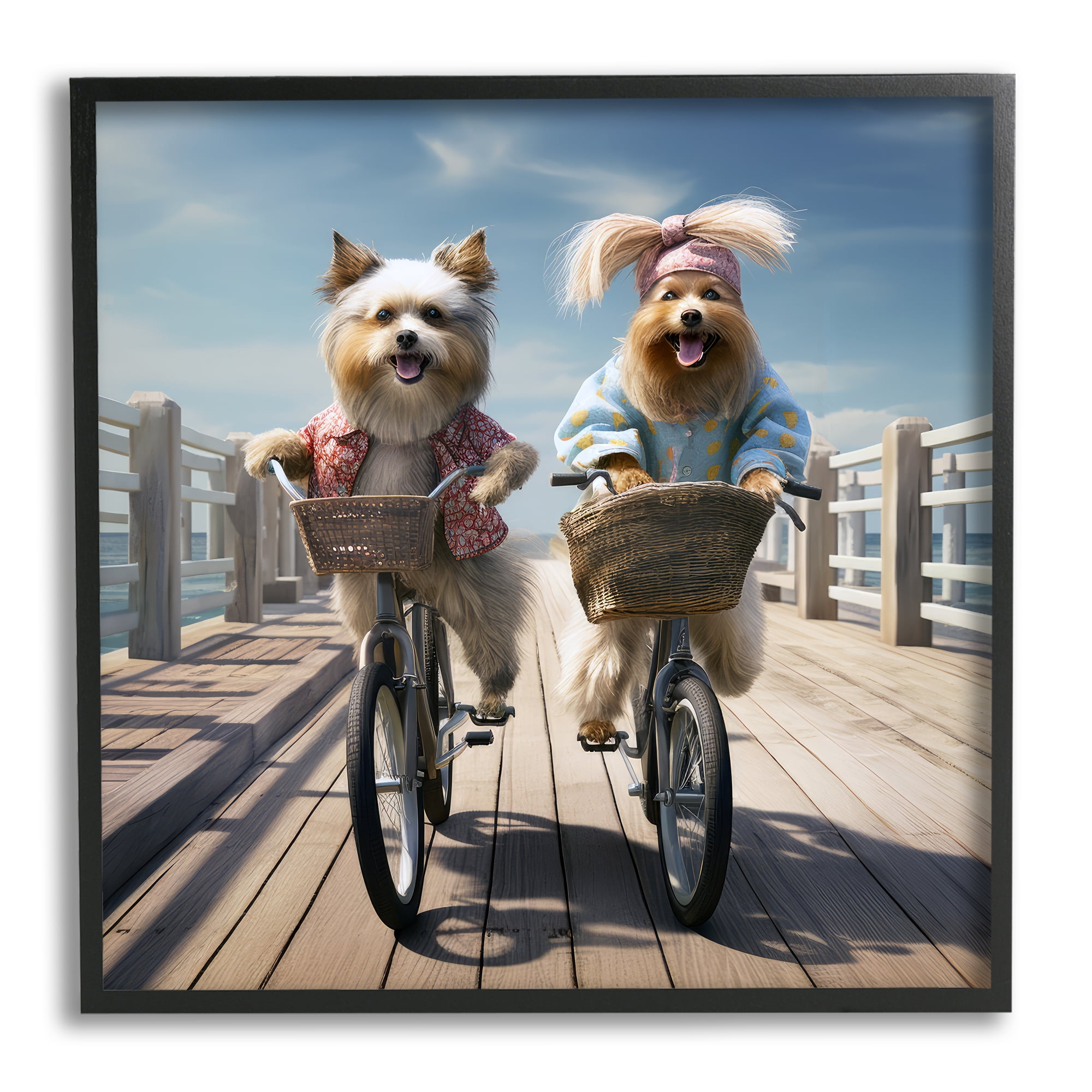Stupell Industries Dogs on Bicycles on Pier Animals & Insects Painting Black Framed Art Print Wall Art, 17 x 17